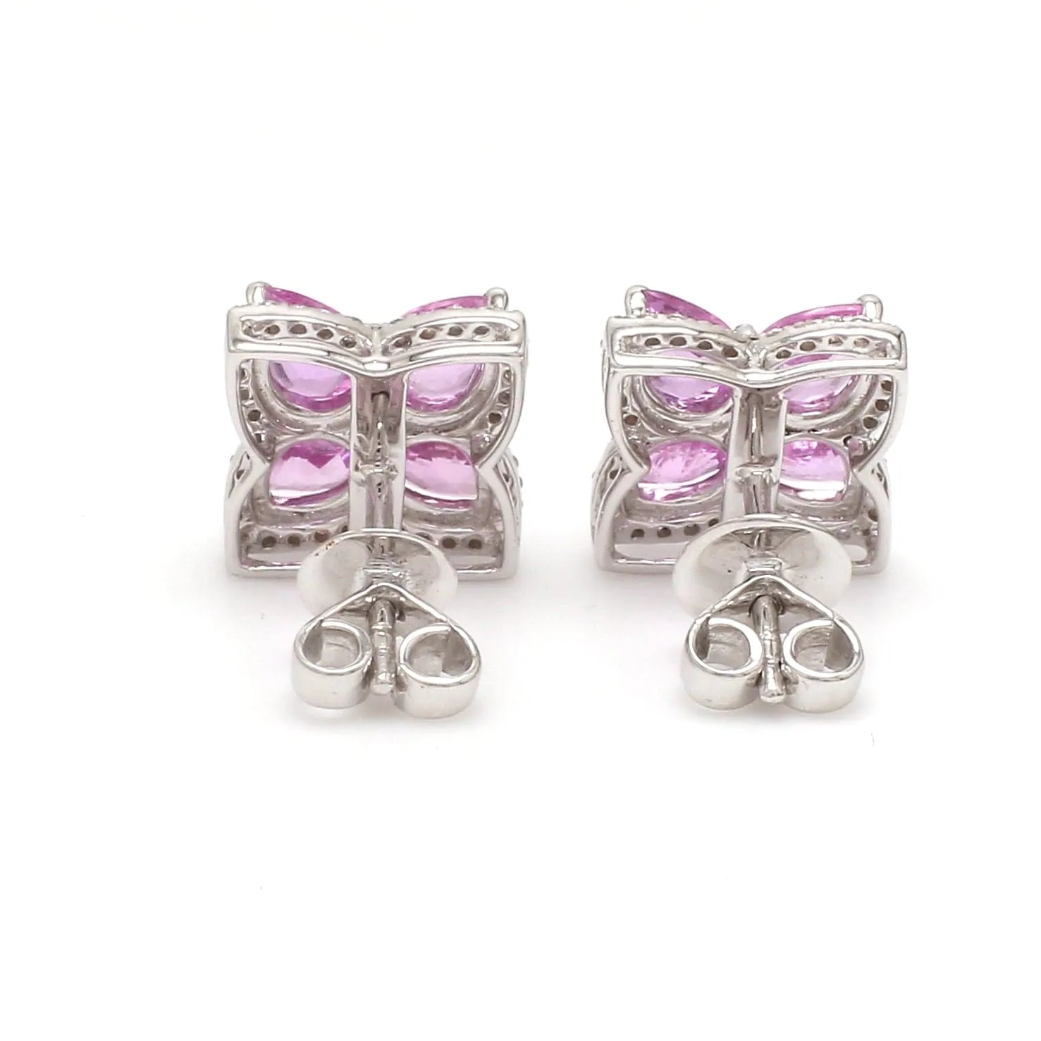 14K & 18K Gold Pink Sapphire and Diamond Clover Flower Stud Earrings