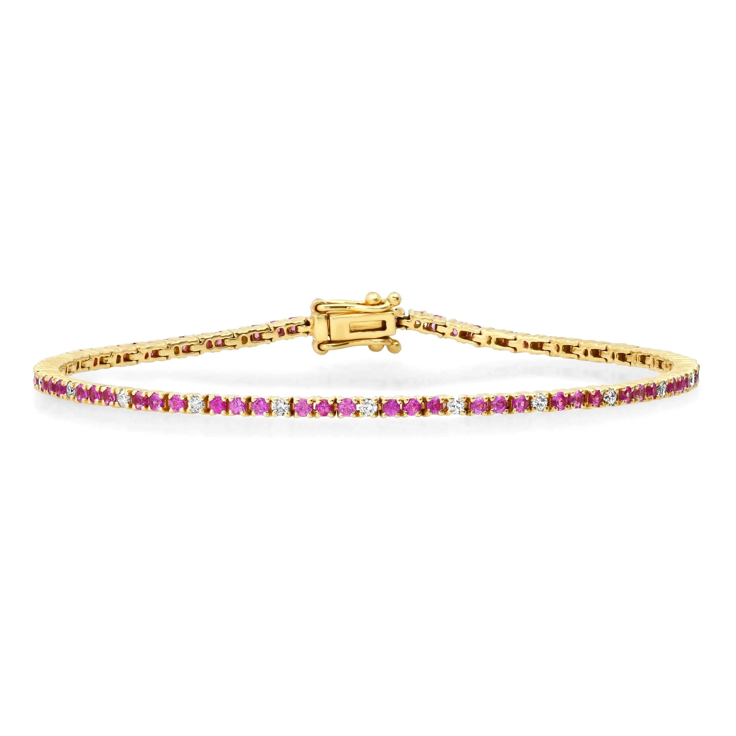 14K Gold Pink Sapphire and Diamond Tennis Bracelet 4-Prong Setting