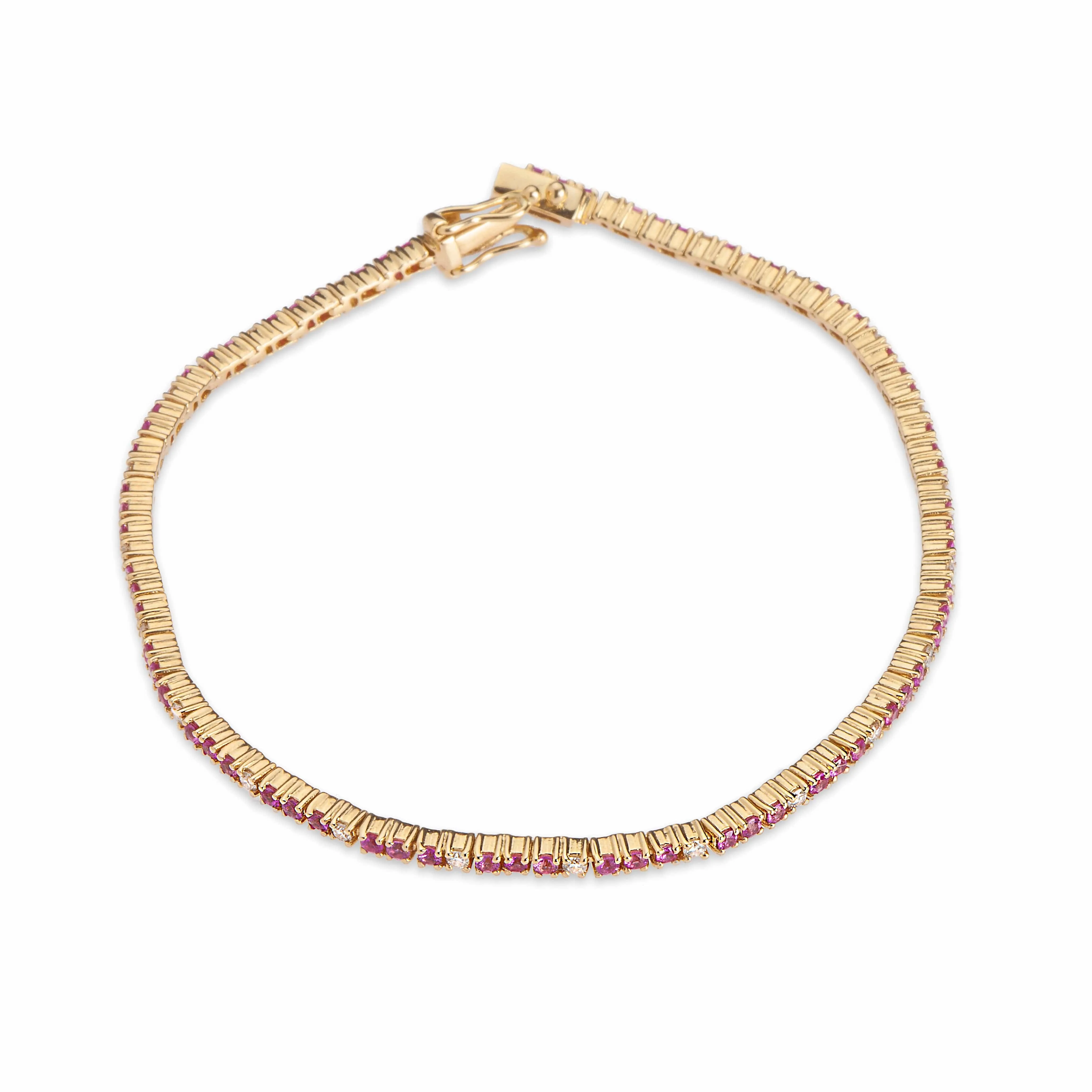 14K Gold Pink Sapphire and Diamond Tennis Bracelet 4-Prong Setting