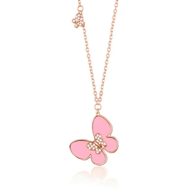 14K Rose Gold Butterfly Necklace Pendant with Pink Mother of Pearl and Simulated Diamonds Italy 17.5