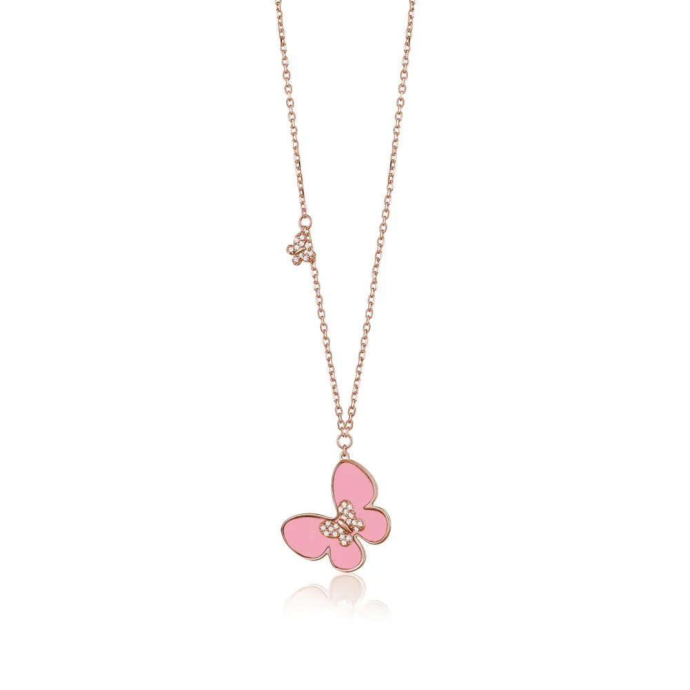 14K Rose Gold Butterfly Necklace Pendant with Pink Mother of Pearl and Simulated Diamonds Italy 17.5