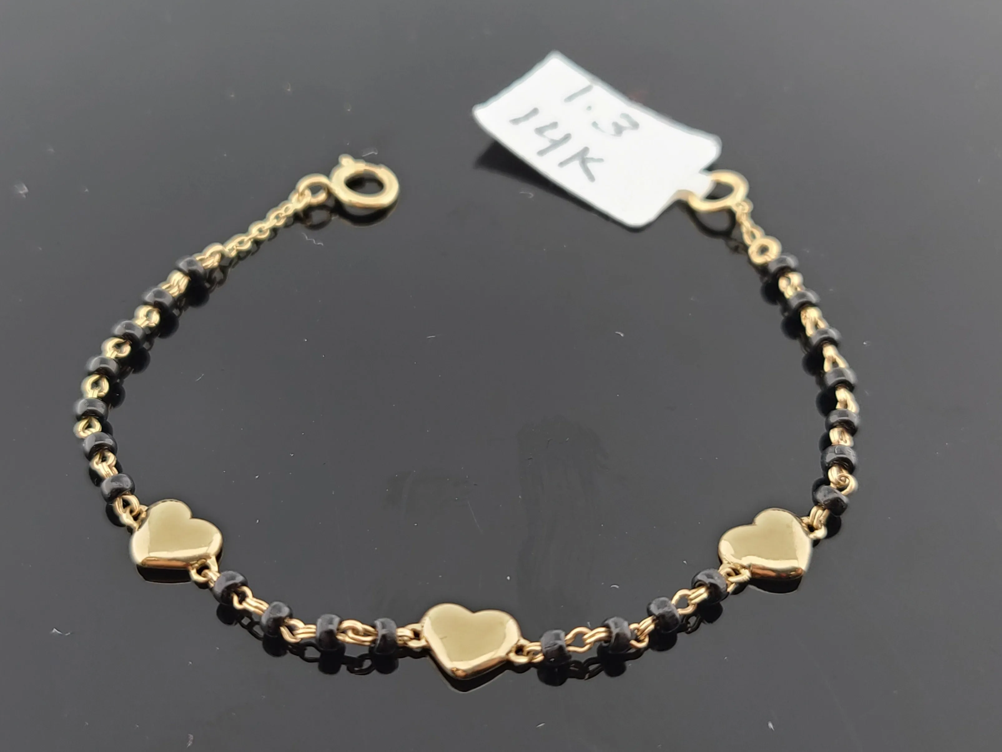 14K Solid Gold Black Beads Bracelet CB1892