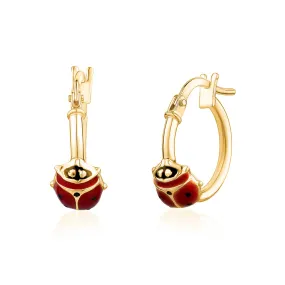 14K Yellow Gold Hoop Earrings with Ladybug Red Enamel Italy