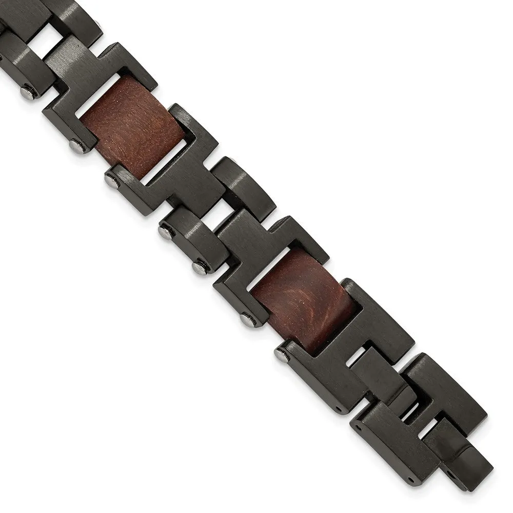 15mm Black Plated Stainless Steel & Wood Link Adj. Bracelet, 8.5 Inch