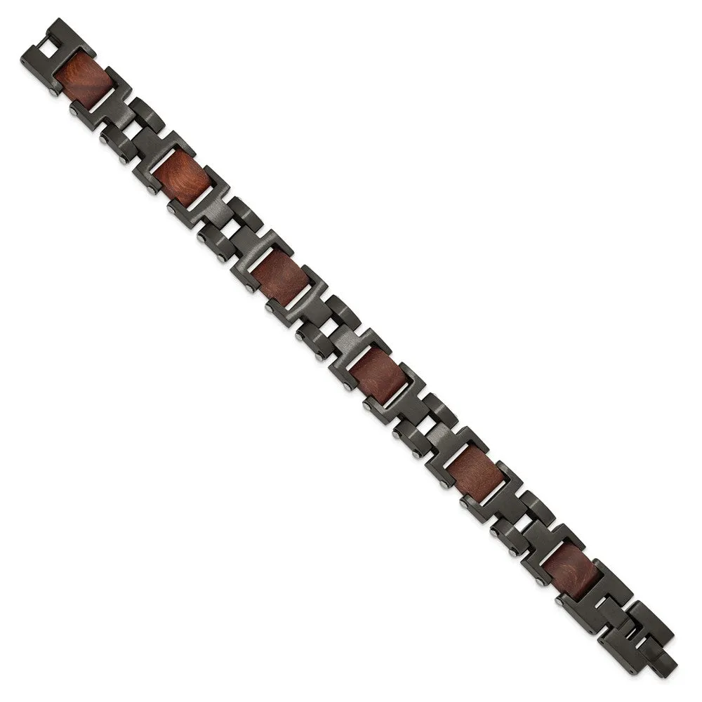 15mm Black Plated Stainless Steel & Wood Link Adj. Bracelet, 8.5 Inch