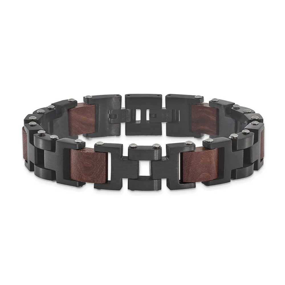 15mm Black Plated Stainless Steel & Wood Link Adj. Bracelet, 8.5 Inch