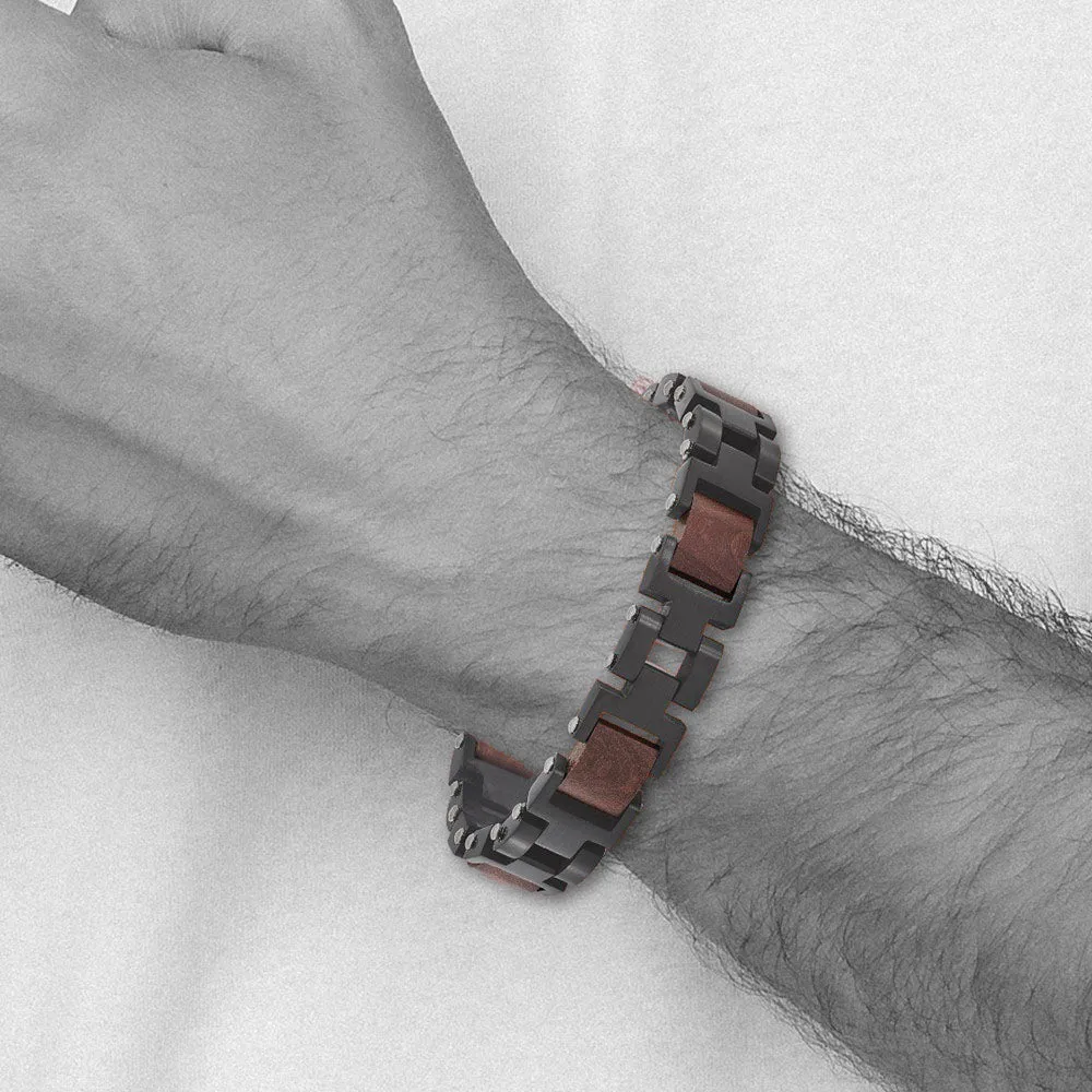 15mm Black Plated Stainless Steel & Wood Link Adj. Bracelet, 8.5 Inch