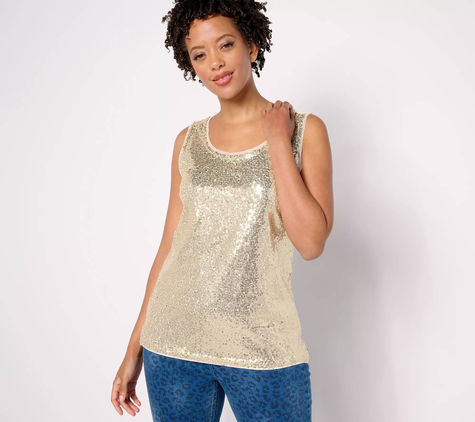 "As Is" Isaac Mizrahi Live! Choice of Print or Solid Sequin Sleeveless Top