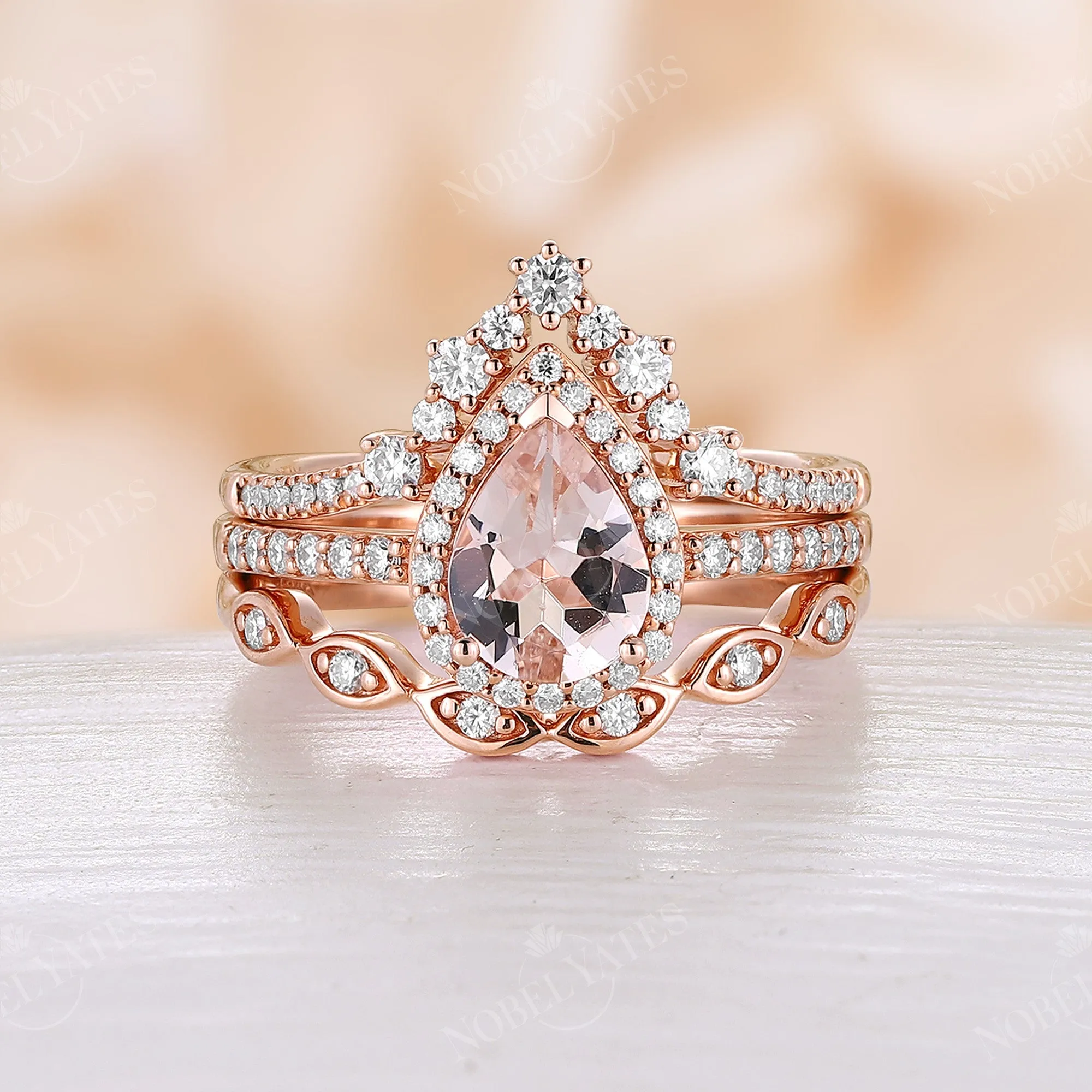 3PCS Orange Pink Morganite Pear Halo Bridal Set Rose Gold