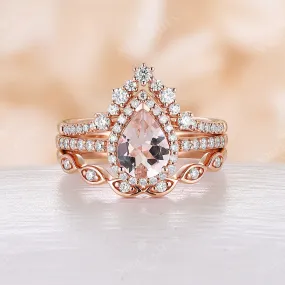 3PCS Orange Pink Morganite Pear Halo Bridal Set Rose Gold