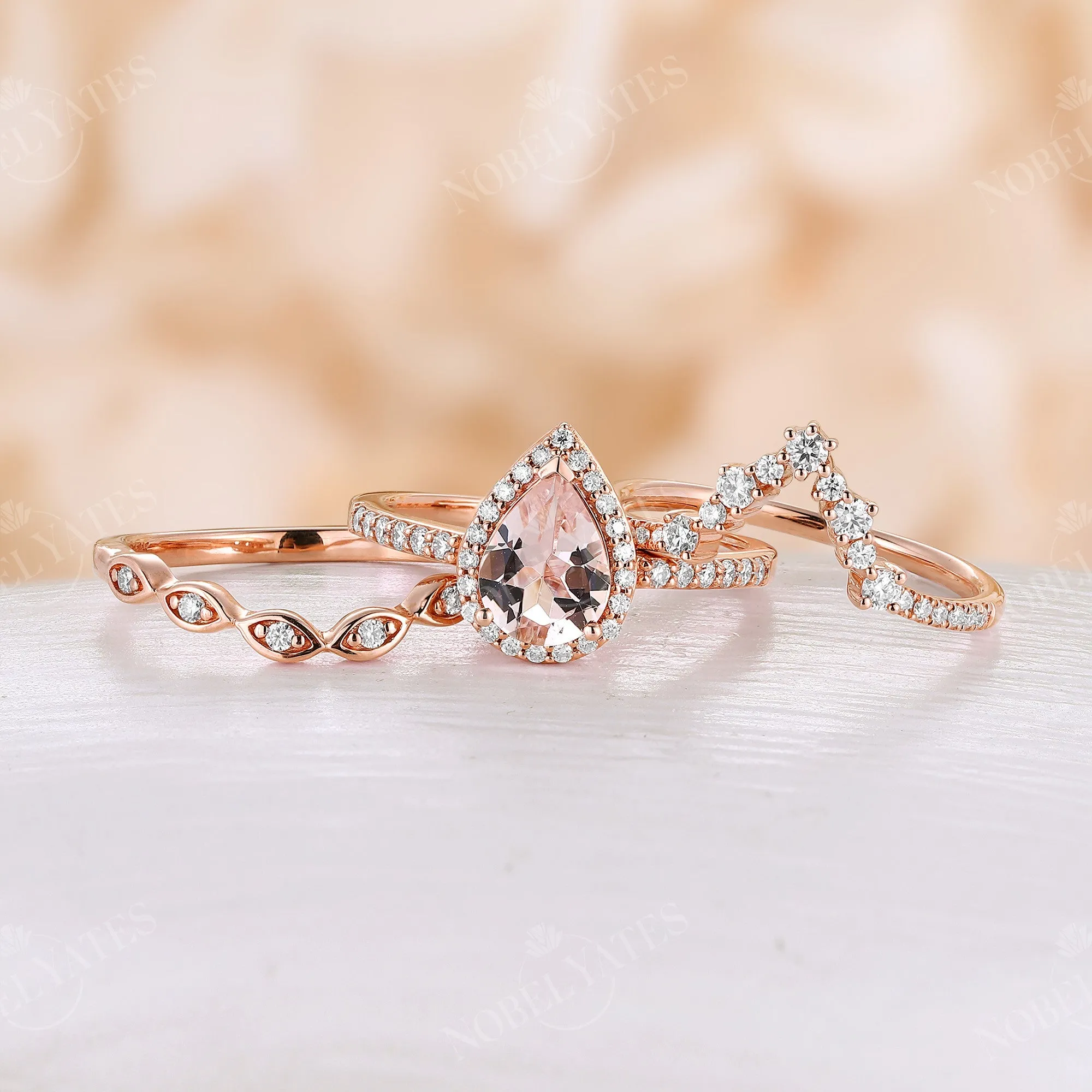 3PCS Orange Pink Morganite Pear Halo Bridal Set Rose Gold