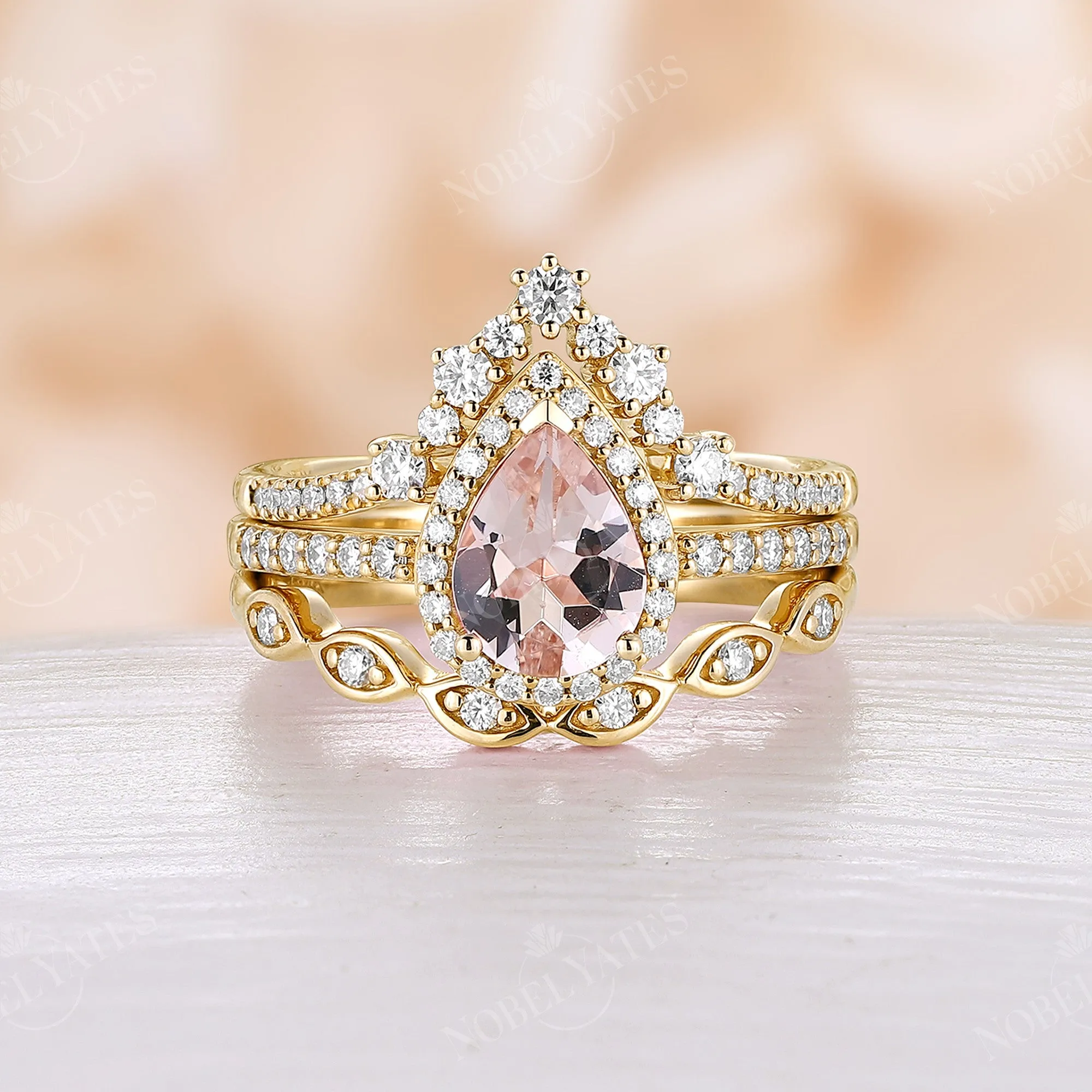 3PCS Orange Pink Morganite Pear Halo Bridal Set Rose Gold