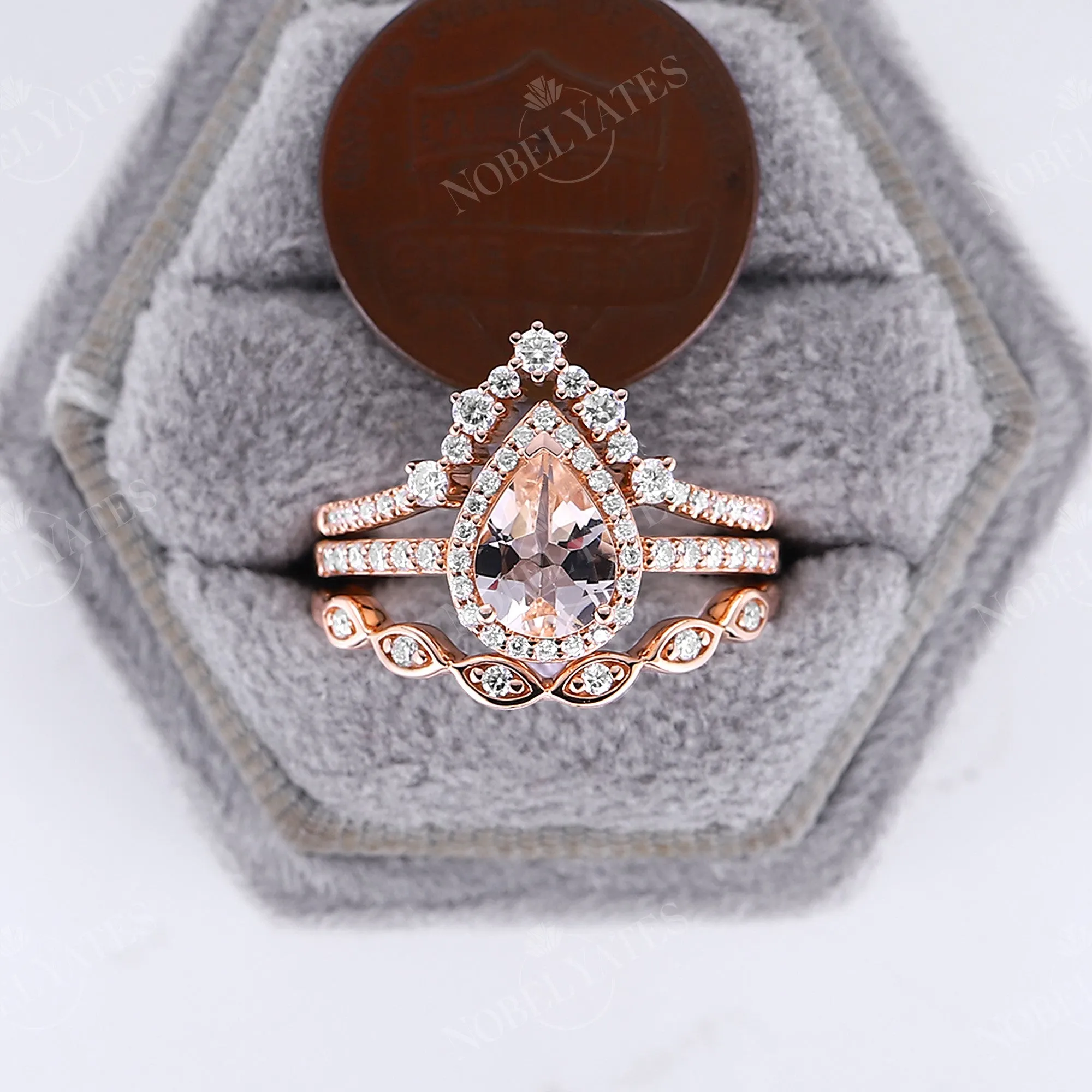 3PCS Orange Pink Morganite Pear Halo Bridal Set Rose Gold