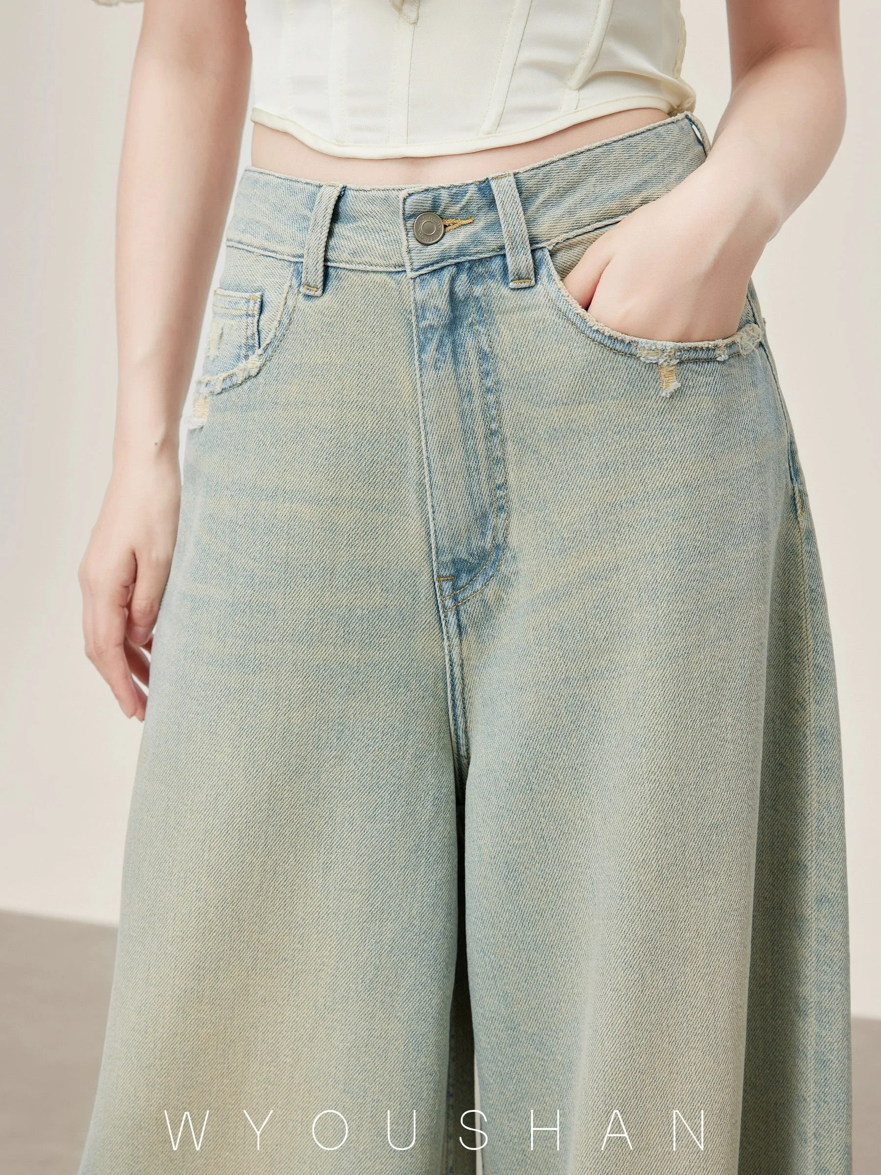 5301 Wang Youshan high waist jeans women's loose new style 2024 summer flared wide leg pants for small people