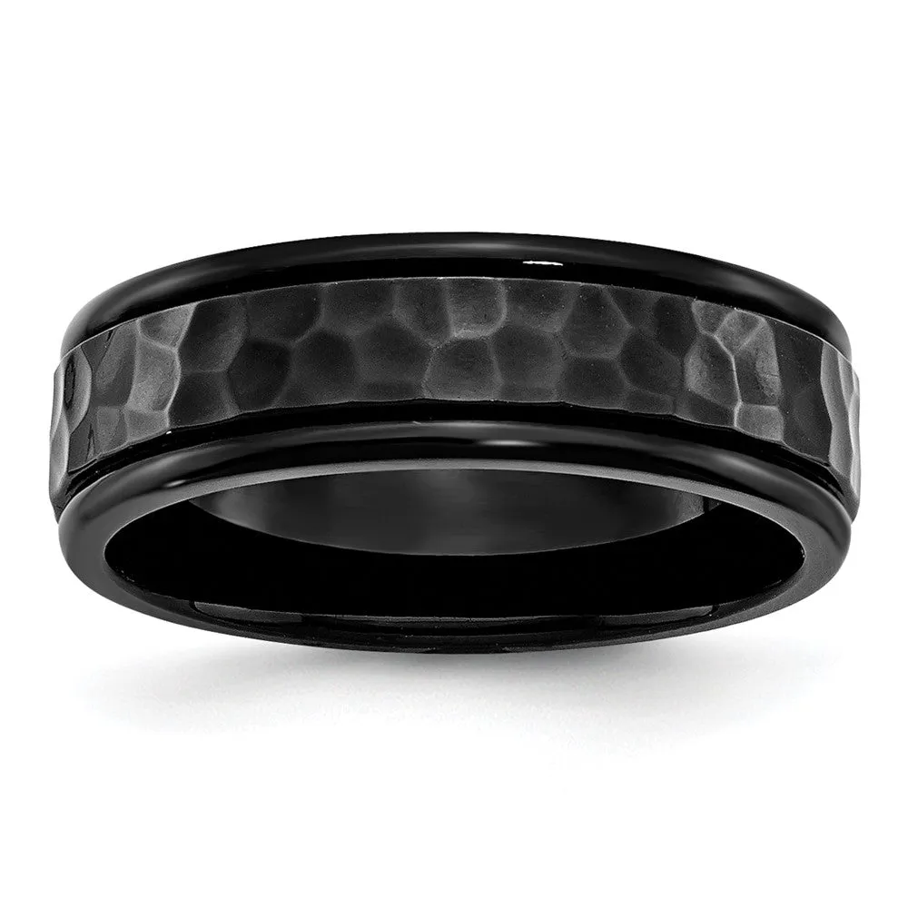 7mm Black Plated Stainless Steel Hammered Rounded Edge Band