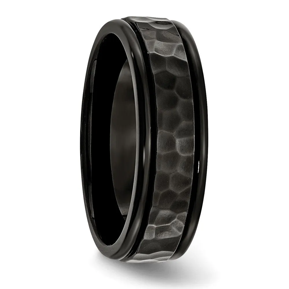 7mm Black Plated Stainless Steel Hammered Rounded Edge Band