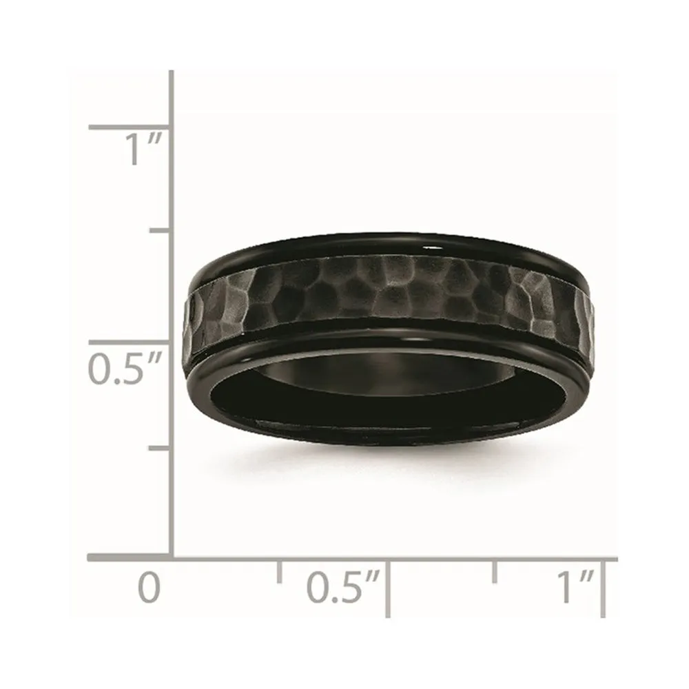 7mm Black Plated Stainless Steel Hammered Rounded Edge Band