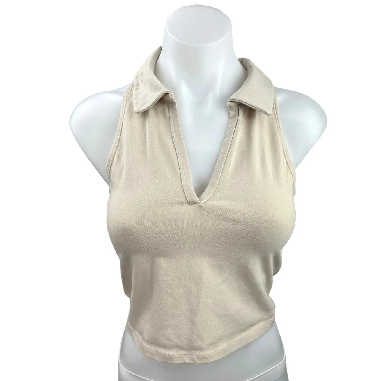 Abercrombie & Fitch Cream Soft Collared Vneck Sleeveless Polo Crop Top Size Sz S