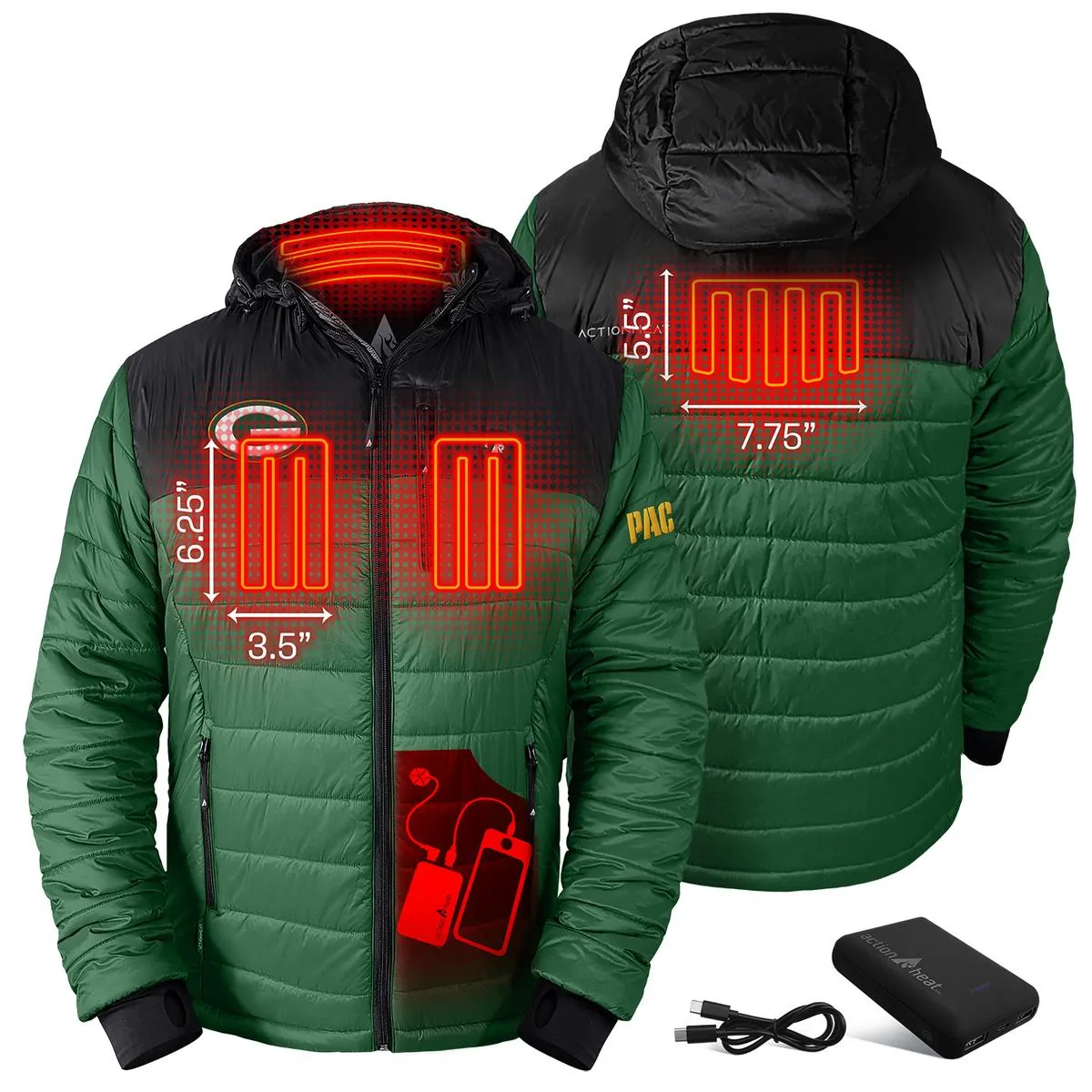 ActionHeat Green Bay Packers 5V Men's Colorblock Puffer Battery Heated Jacket