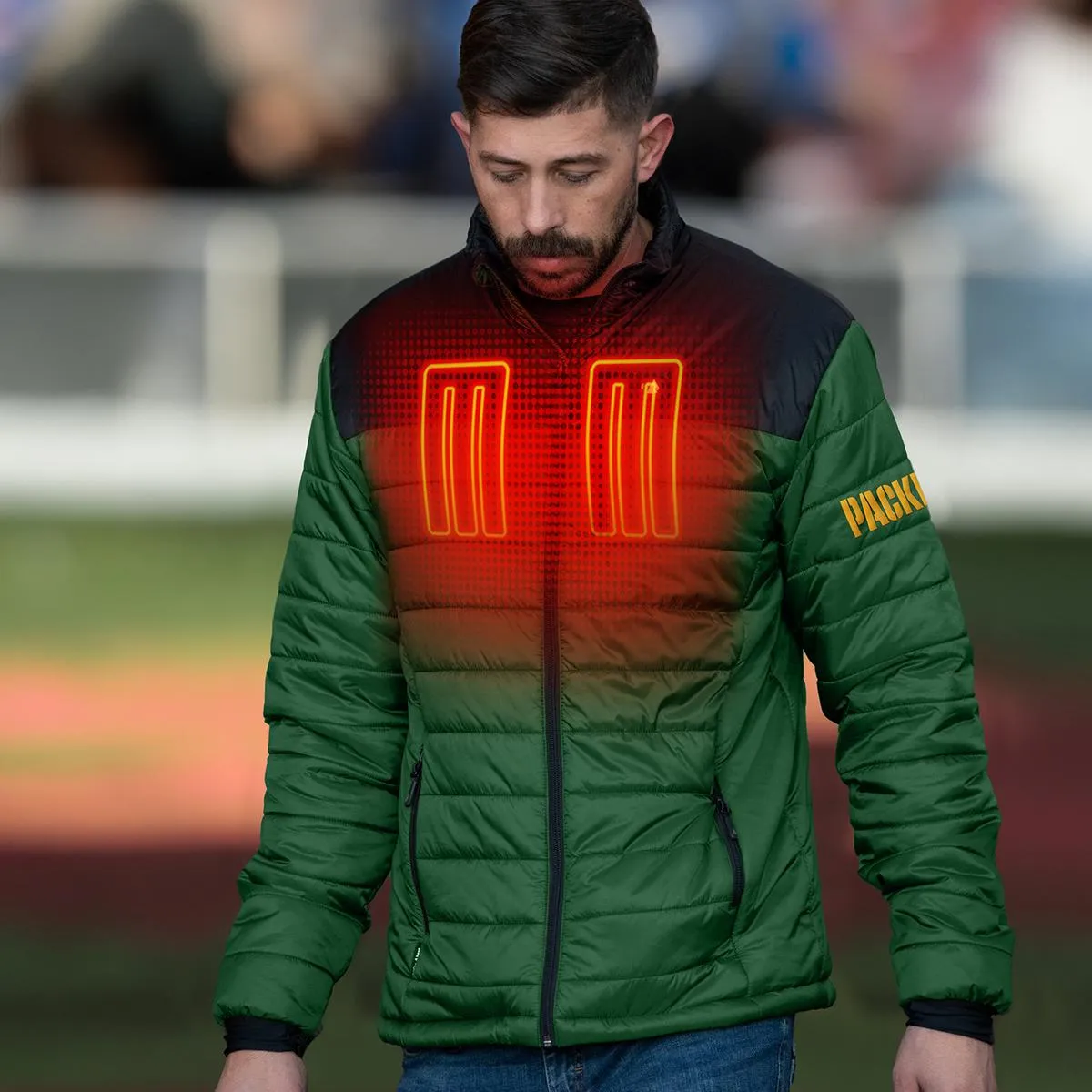 ActionHeat Green Bay Packers 5V Men's Colorblock Puffer Battery Heated Jacket