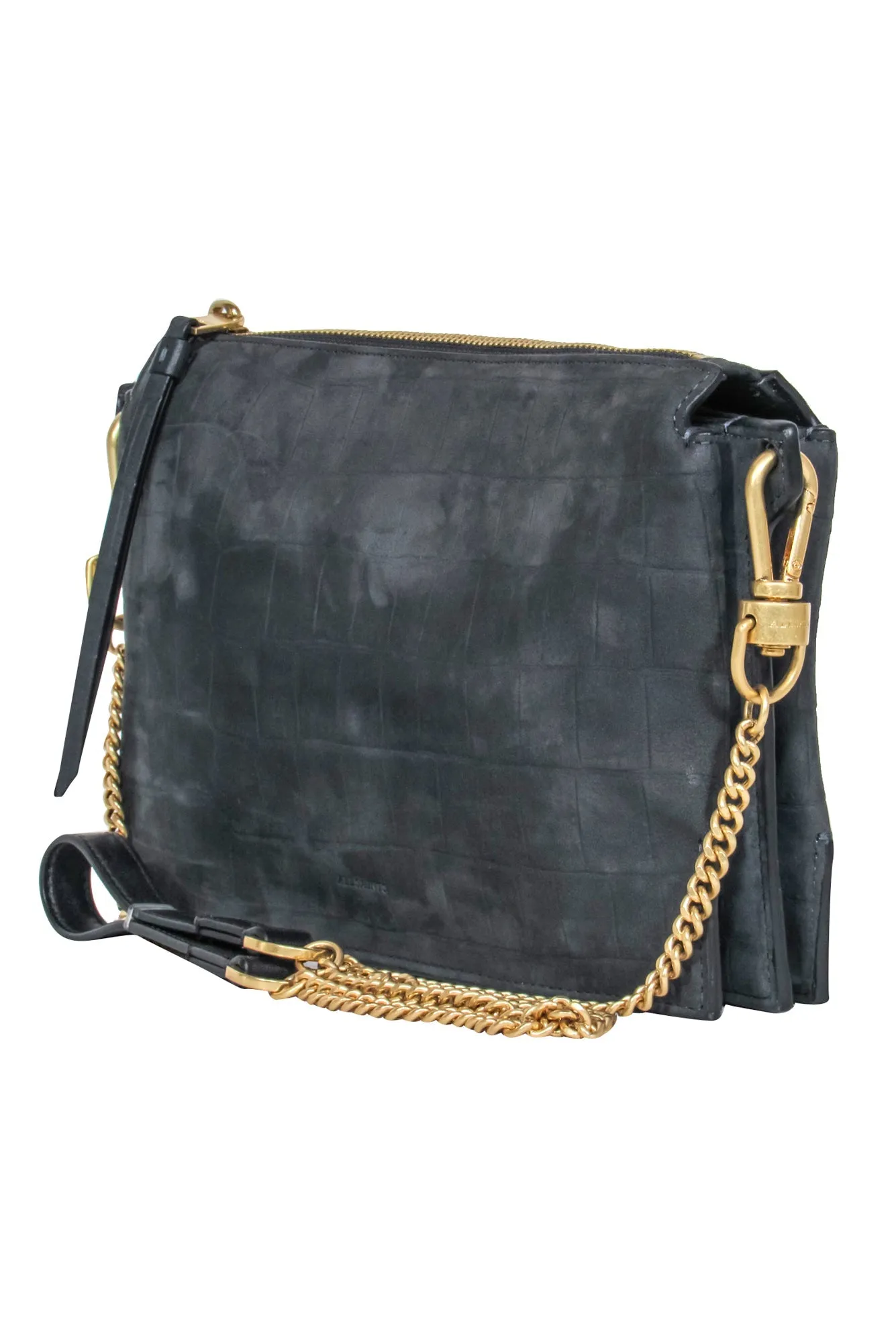 All Saints – Matte Grey Croc-Embossed Calfskin Crossbody Bag