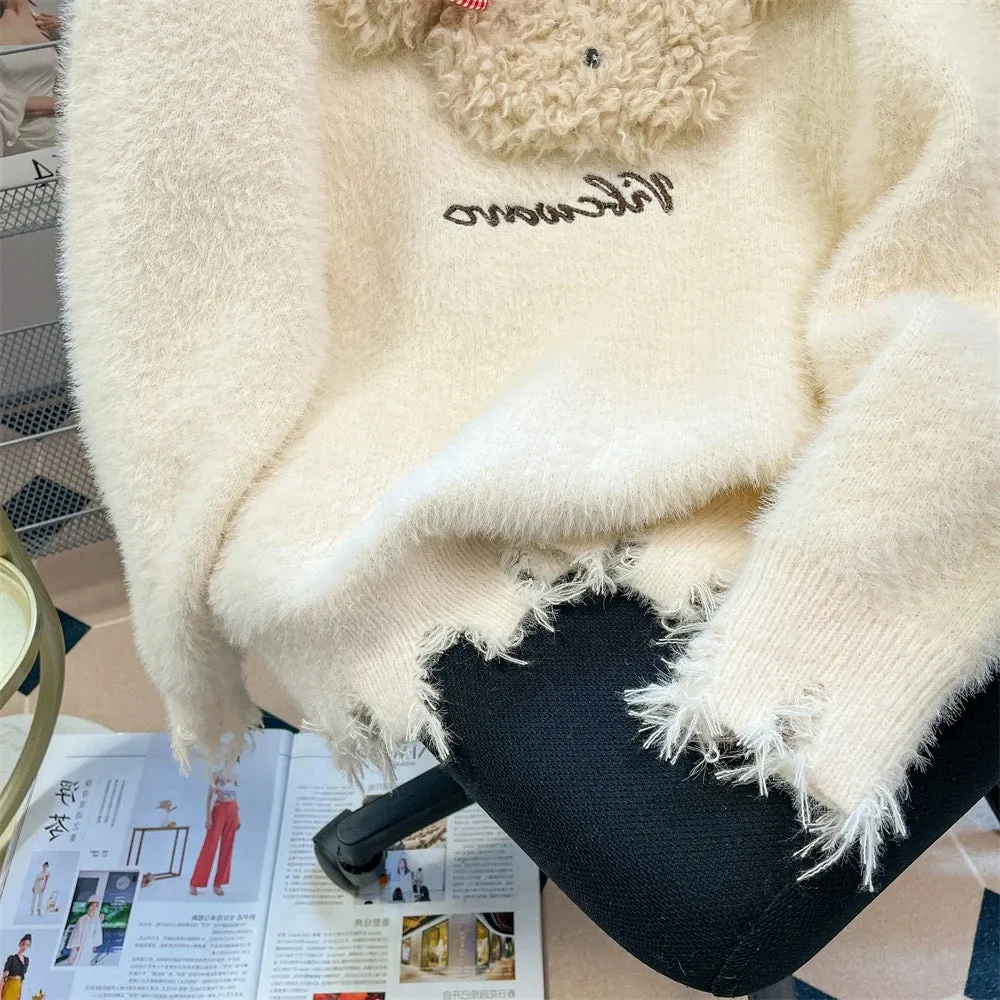 Artistic raw milk cute bow bear sweater men and women winter small lazy soft glutinous mink fleece sweater