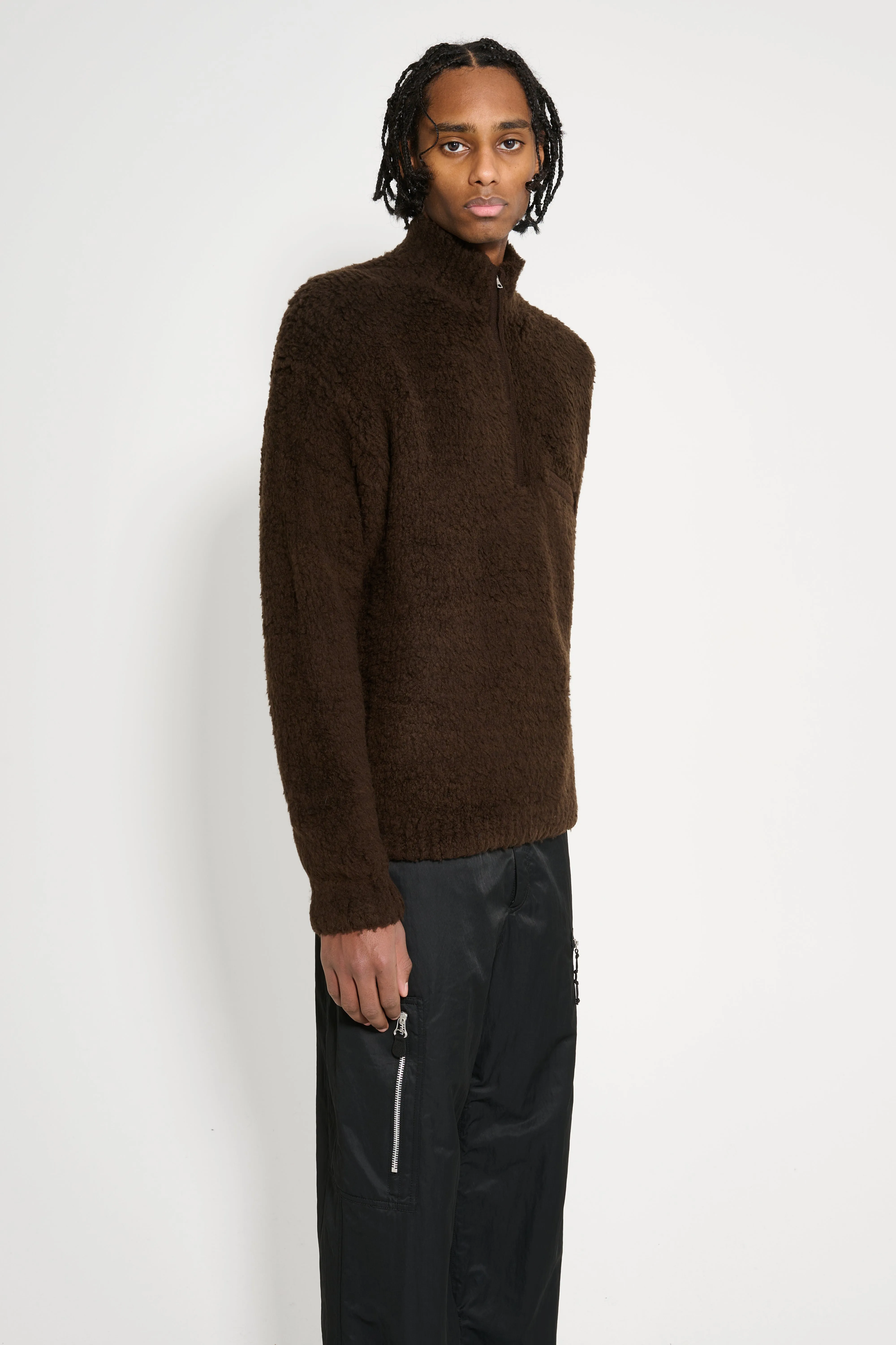 Auralee Merino Wool Boa Knit Half Zip P/O Dark Brown