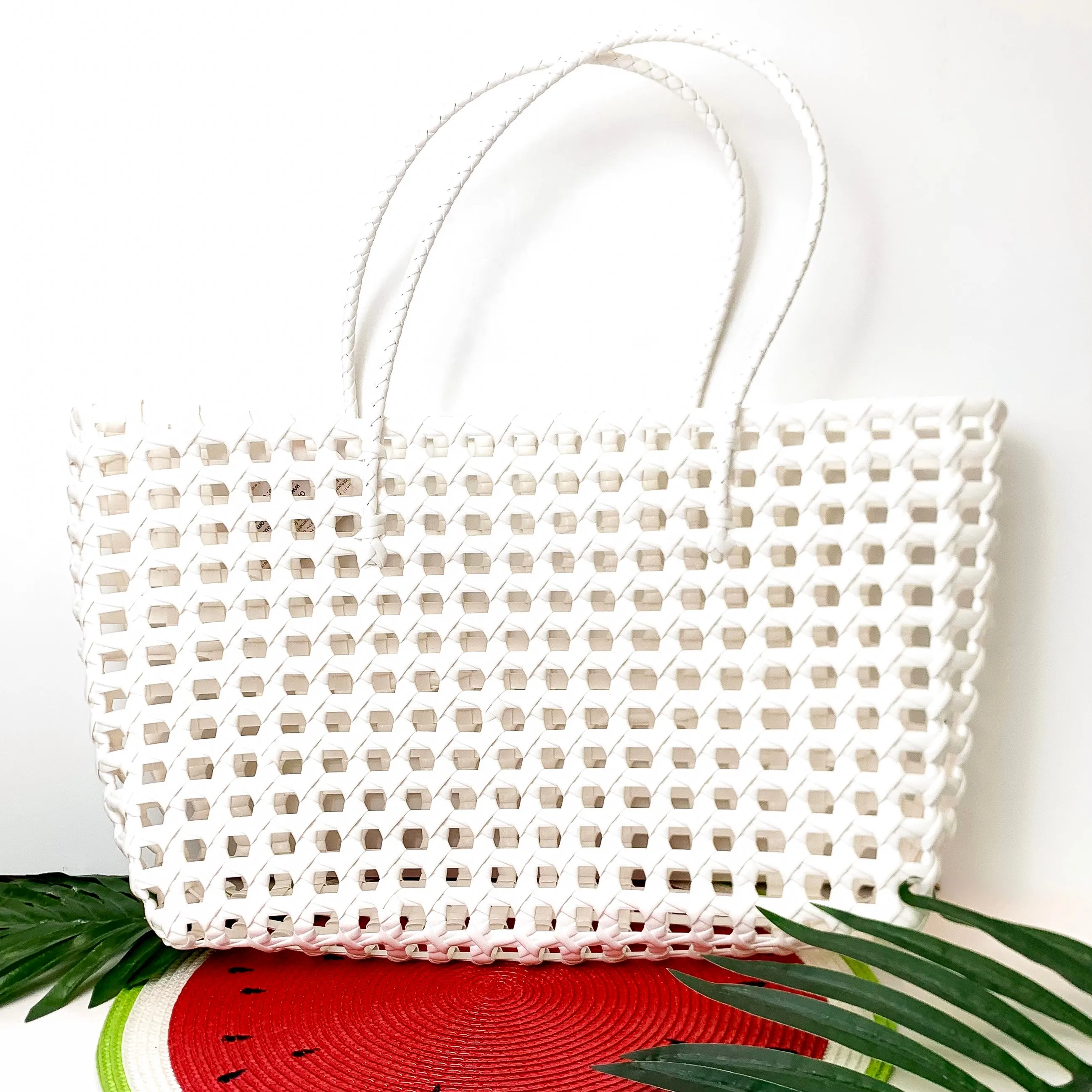 Beachy Brights Basket Tote Bag in White