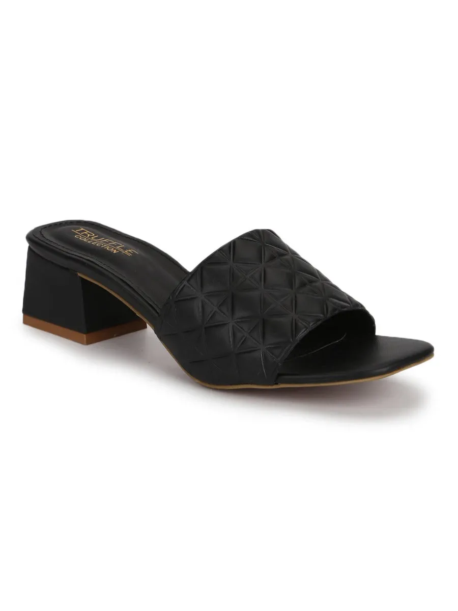 Black PU Textured Block Heel Mules