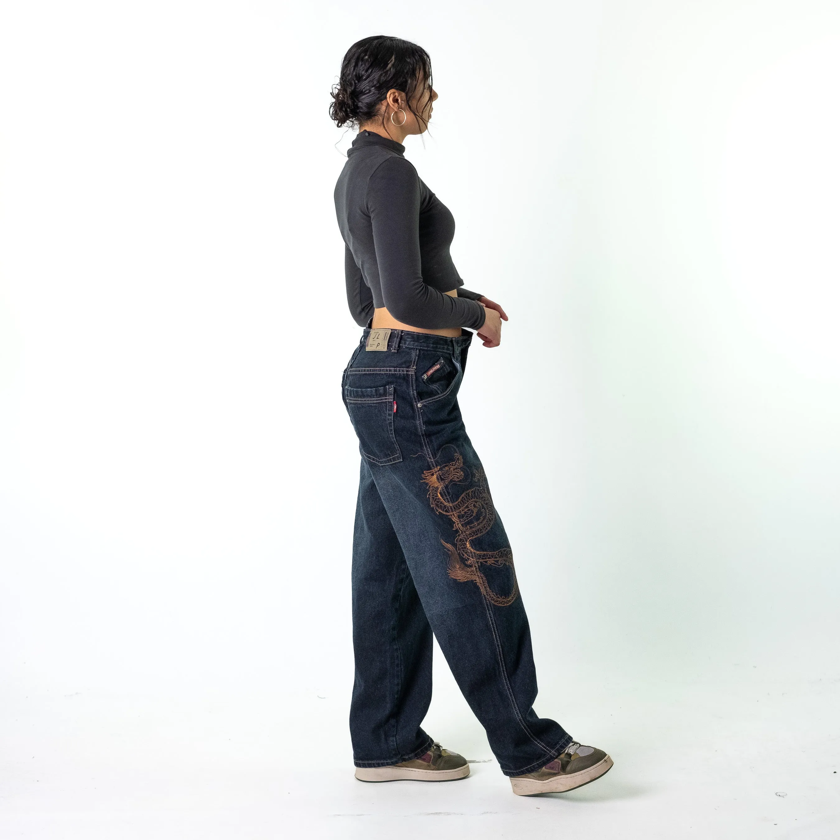 Blue Denim 90s Baggy Hip Hop Embroidered Dragon Cargo Skater Trousers Pants Jeans (30x30)