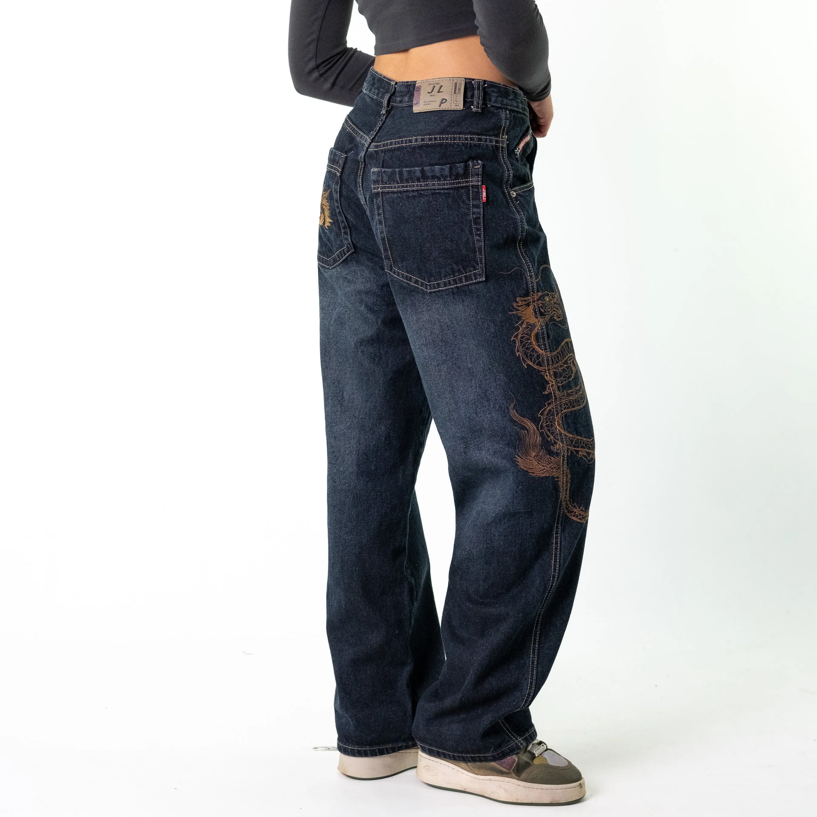 Blue Denim 90s Baggy Hip Hop Embroidered Dragon Cargo Skater Trousers Pants Jeans (30x30)