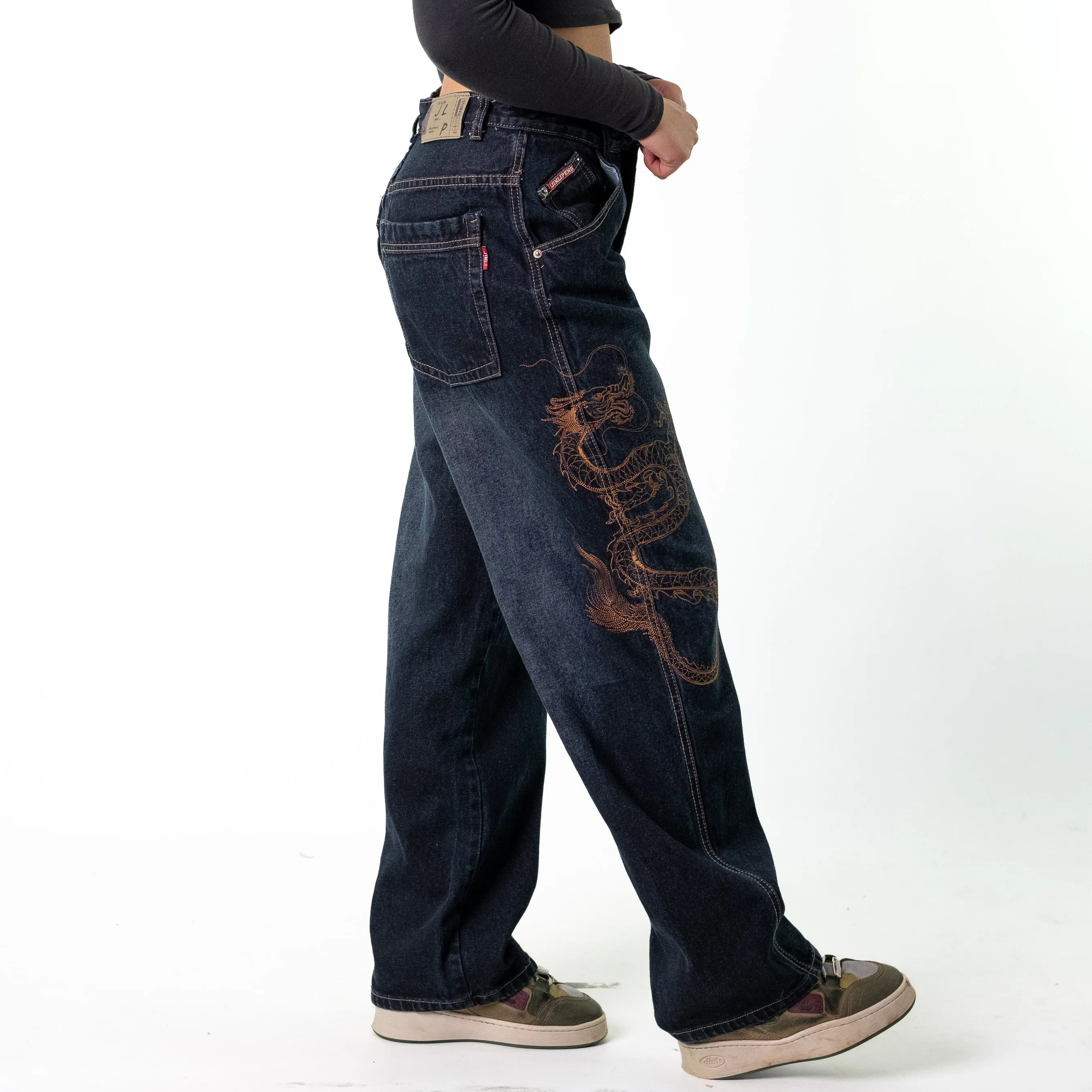 Blue Denim 90s Baggy Hip Hop Embroidered Dragon Cargo Skater Trousers Pants Jeans (30x30)