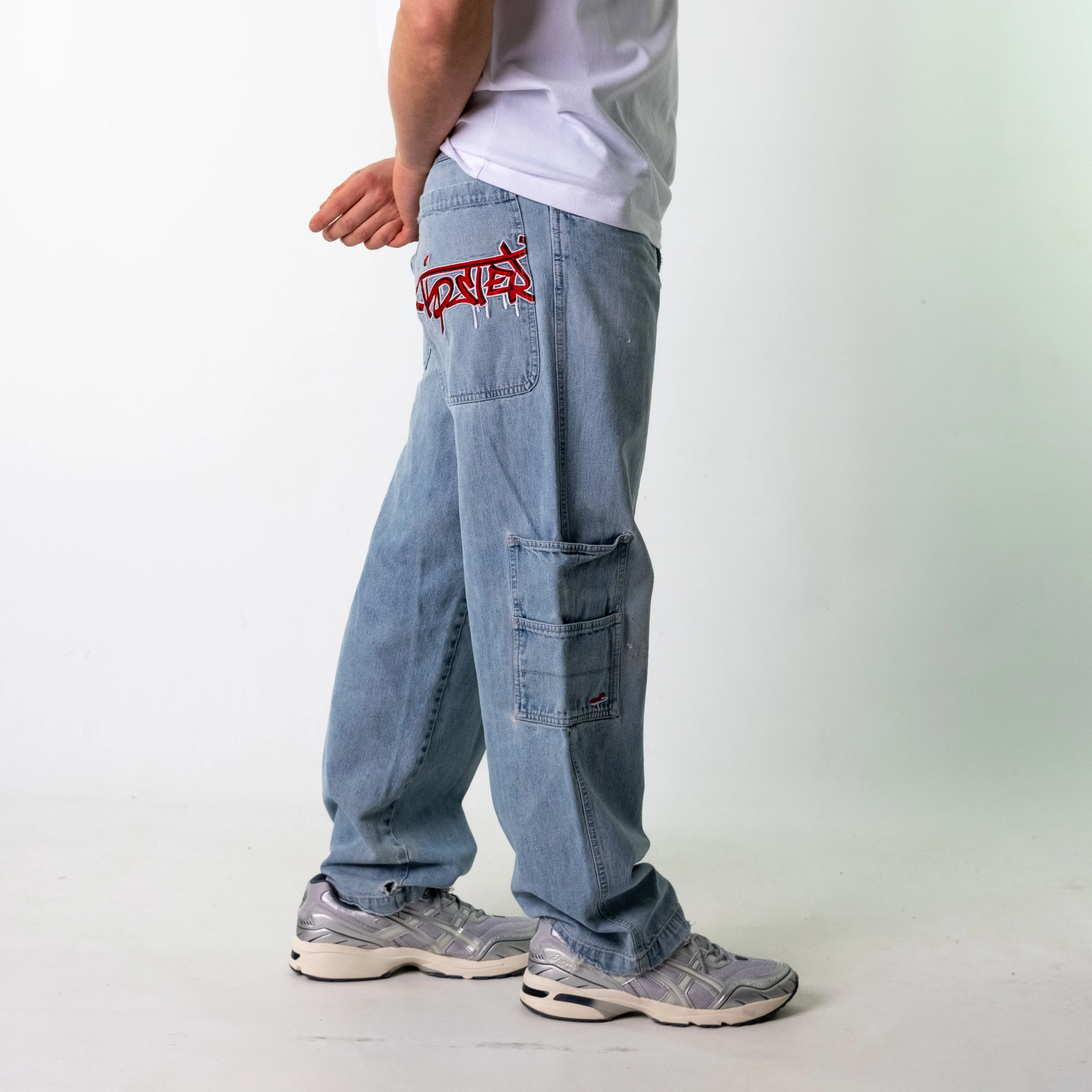 Blue Denim 90s Baggy Hip Hop Tipster Cargo Skater Trousers Pants Jeans (34x32)