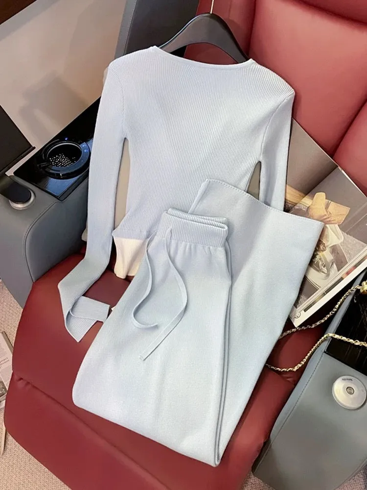 Blue Slim Knitted Casual Sports Suit Women's Spring and Autumn Fashion Age Reduction Vacation Two-piece Sweater Wide-leg Pants T