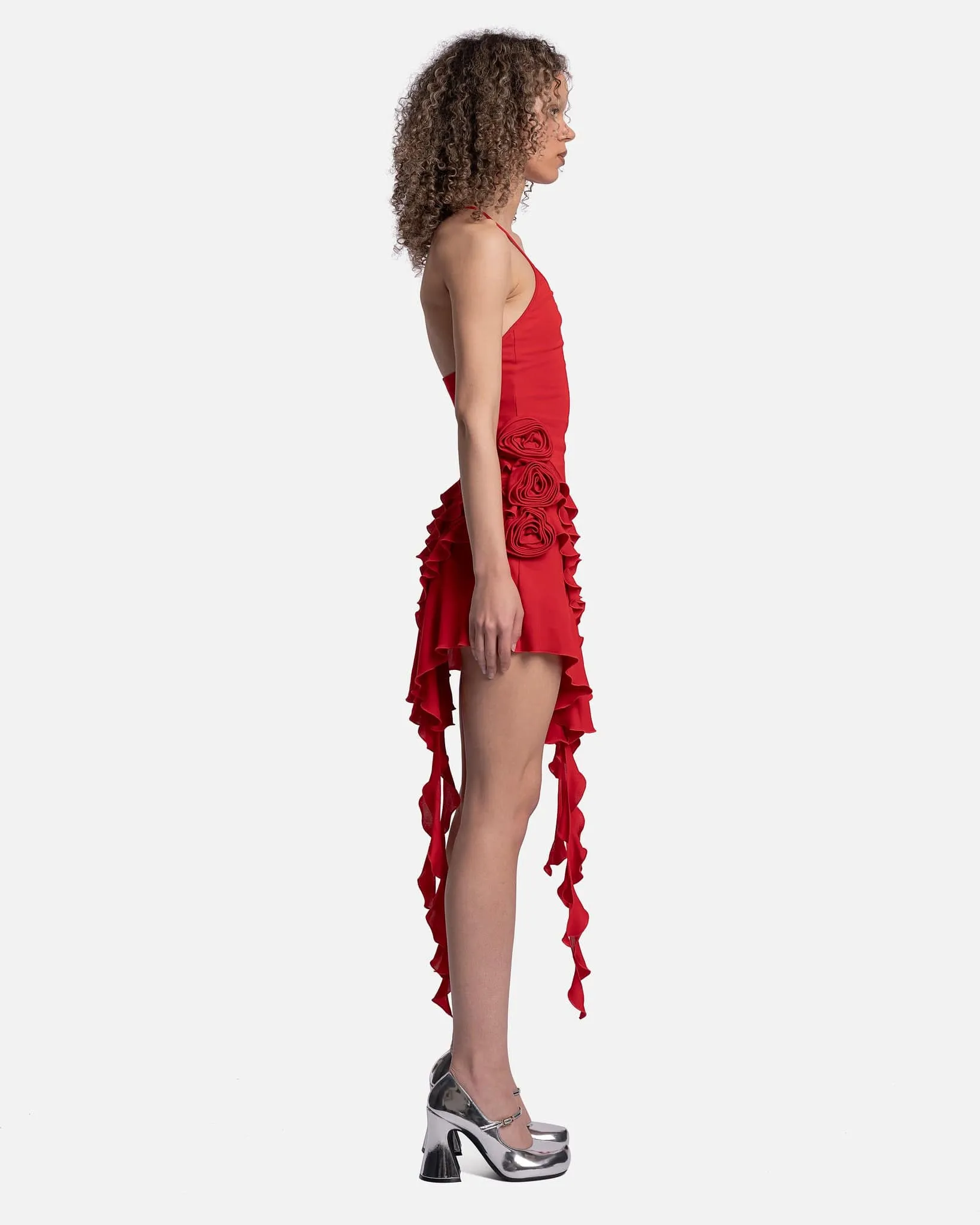 Blumarine Ruffled Asymmetric Dress in Lipstick Red