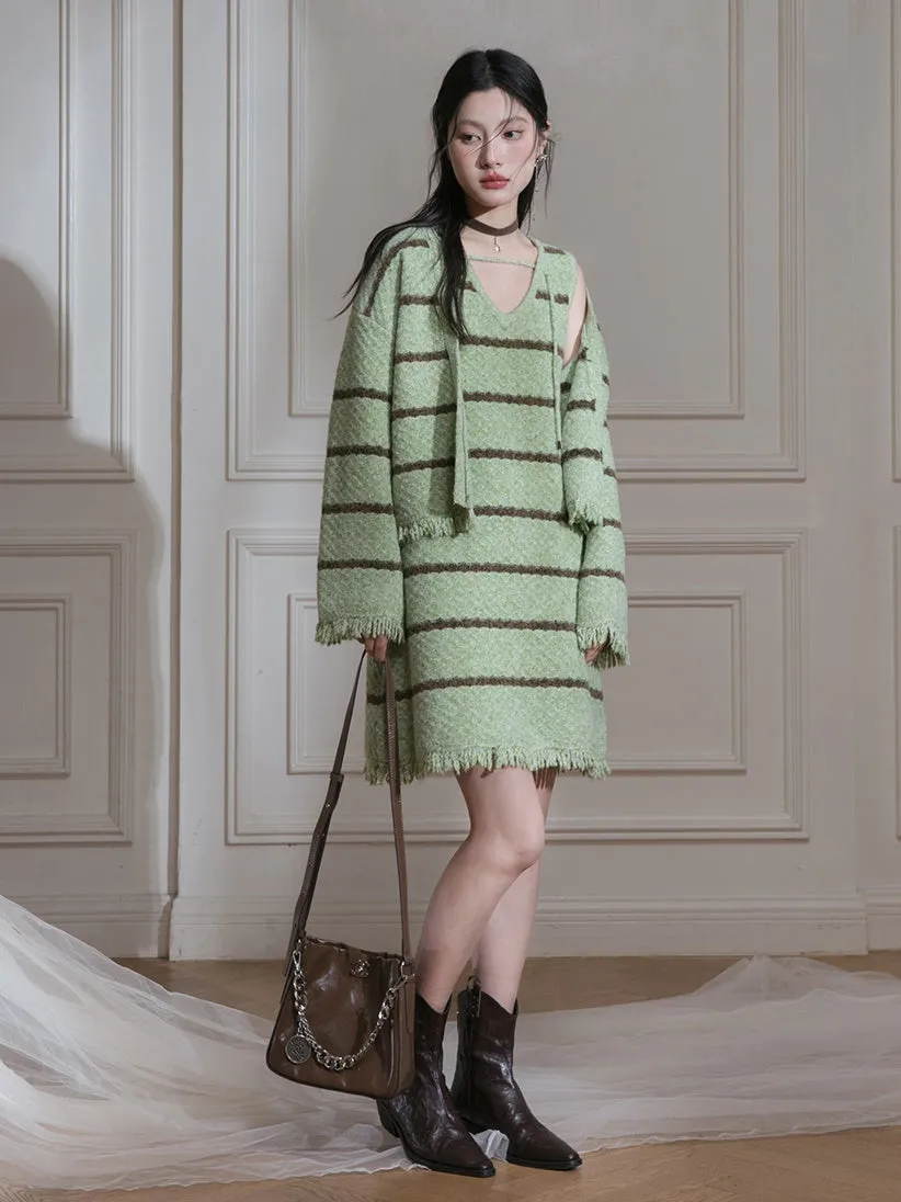 Border Fringe Design Knitted Cardigan & Sleeveless Dress Set-up