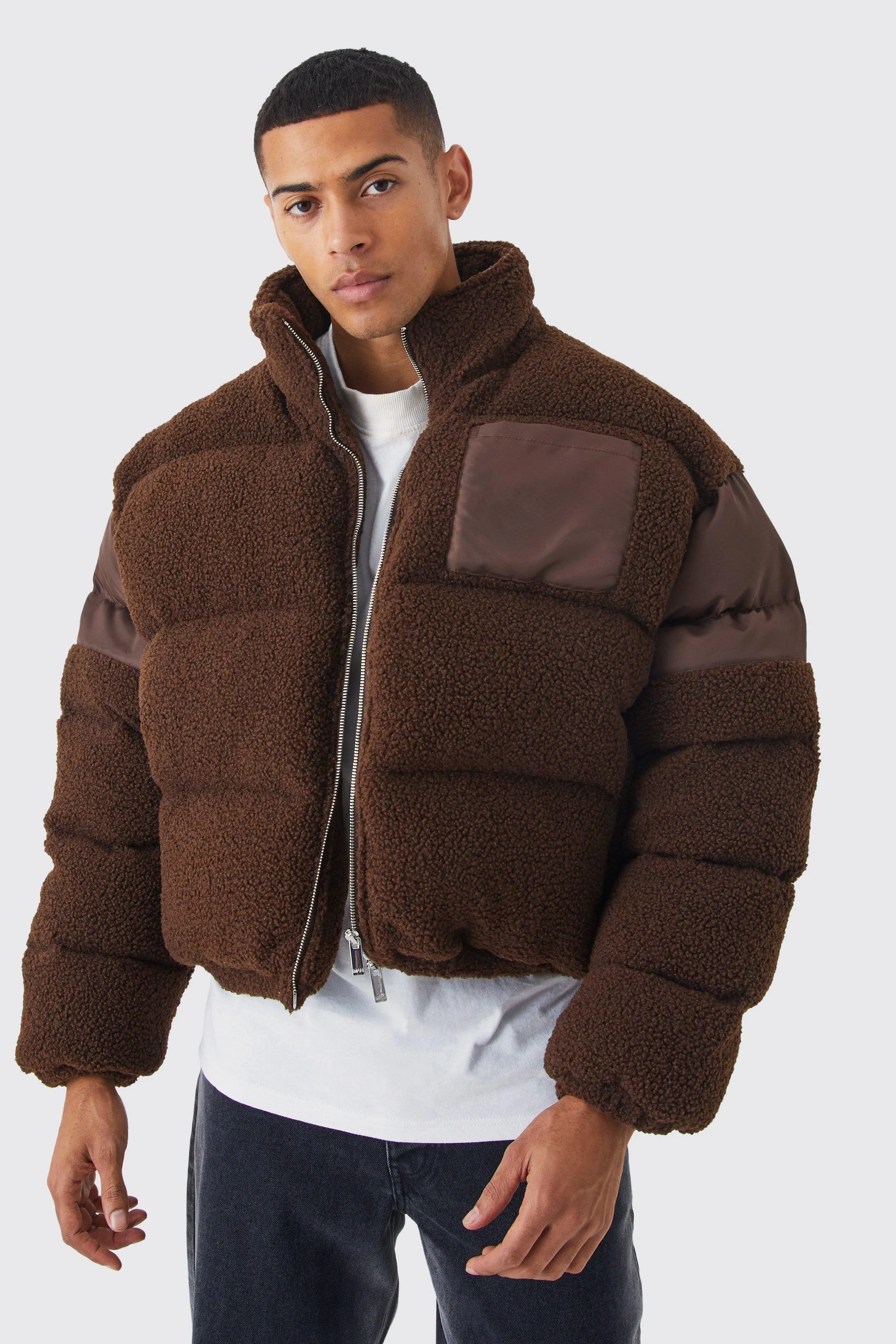 Borg & Nylon Funnel Neck Puffer