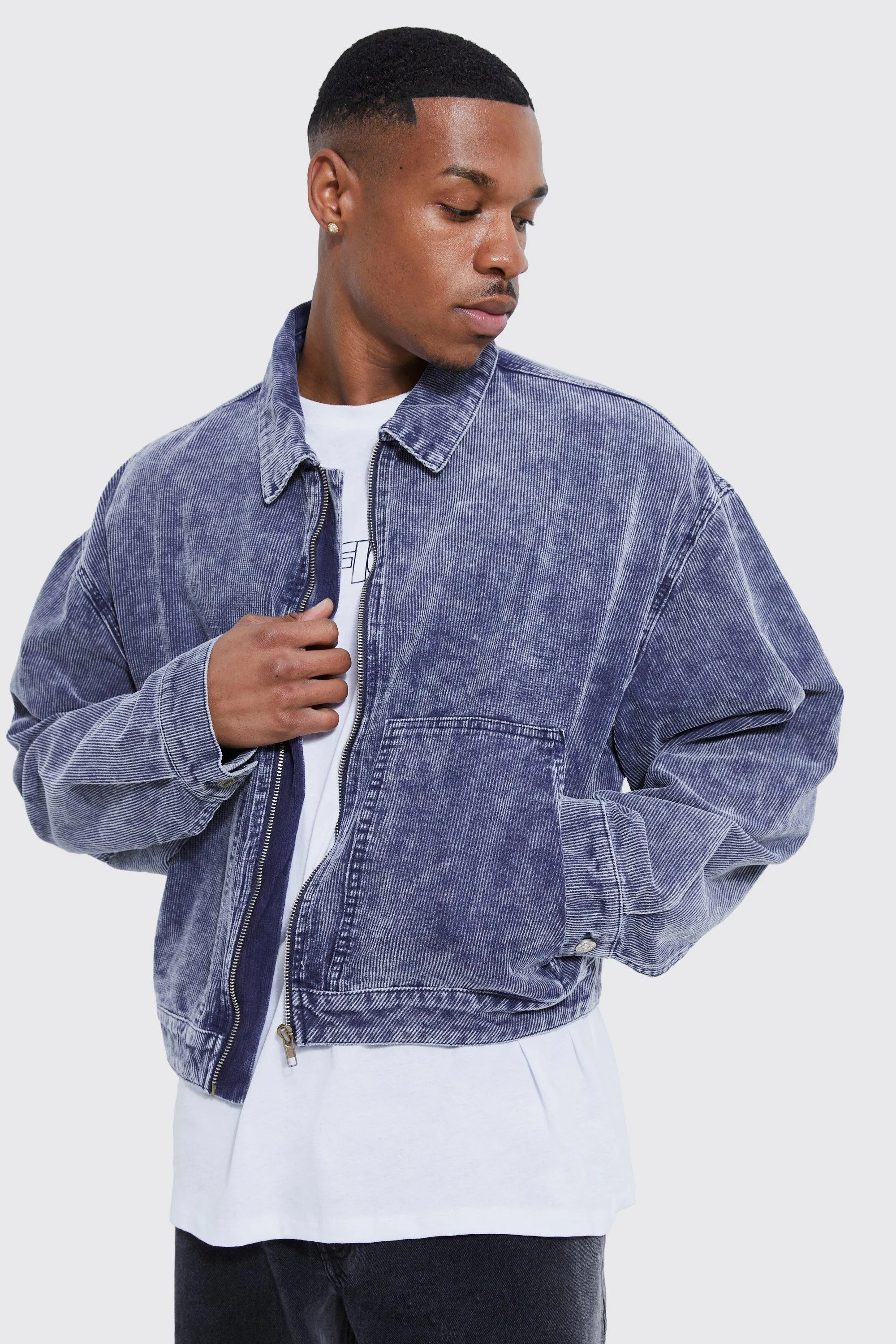 Boxy Fit Acid Wash Zip Down Corduroy Jacket