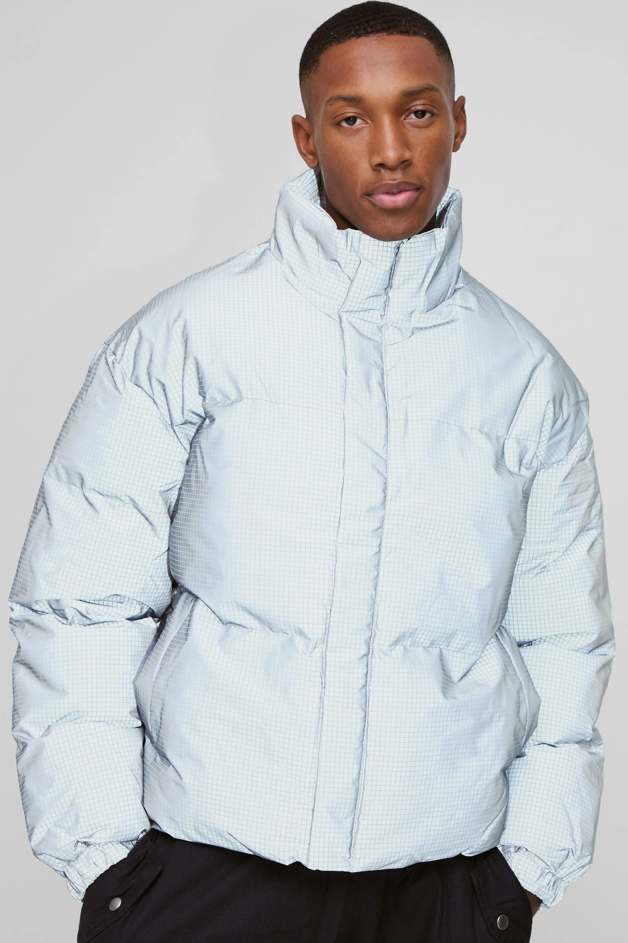 Boxy Reflective Ripstop Funnel Neck Puffer