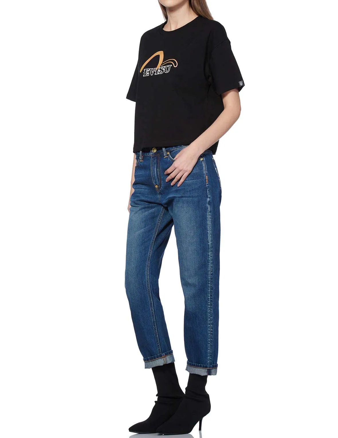 Boyfriend-fit Denim Jeans with Duo Iridescent Stitching Logo Embroidery