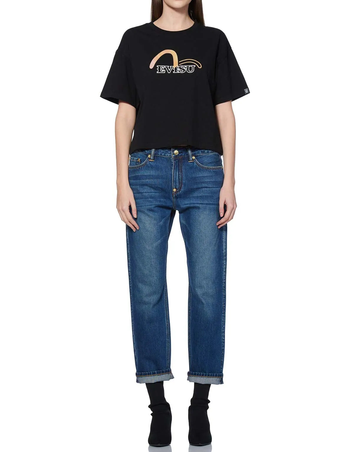 Boyfriend-fit Denim Jeans with Duo Iridescent Stitching Logo Embroidery