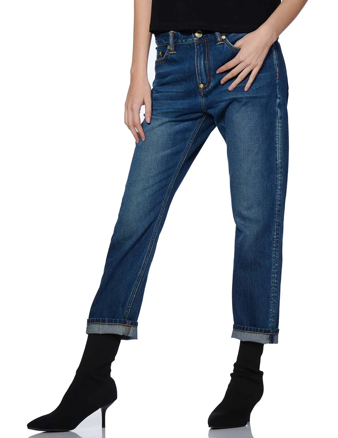 Boyfriend-fit Denim Jeans with Duo Iridescent Stitching Logo Embroidery