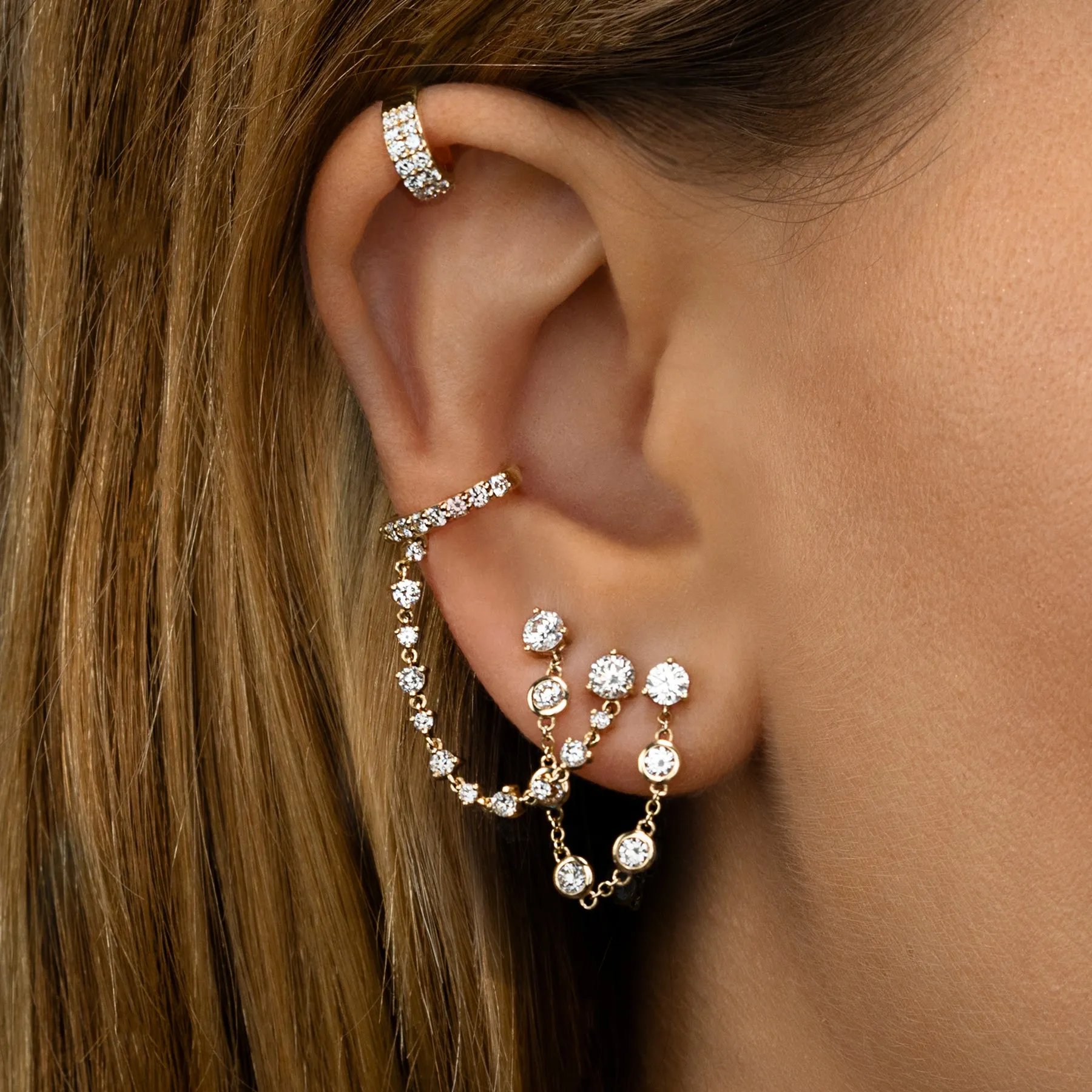 Connected Stud and Cuff Tennis Chain Earring - White Diamond / 14k Yellow Gold
