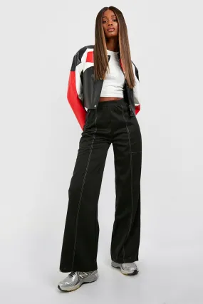 Contrast Stitch Jersey Knit Wide Leg Cargo Pants