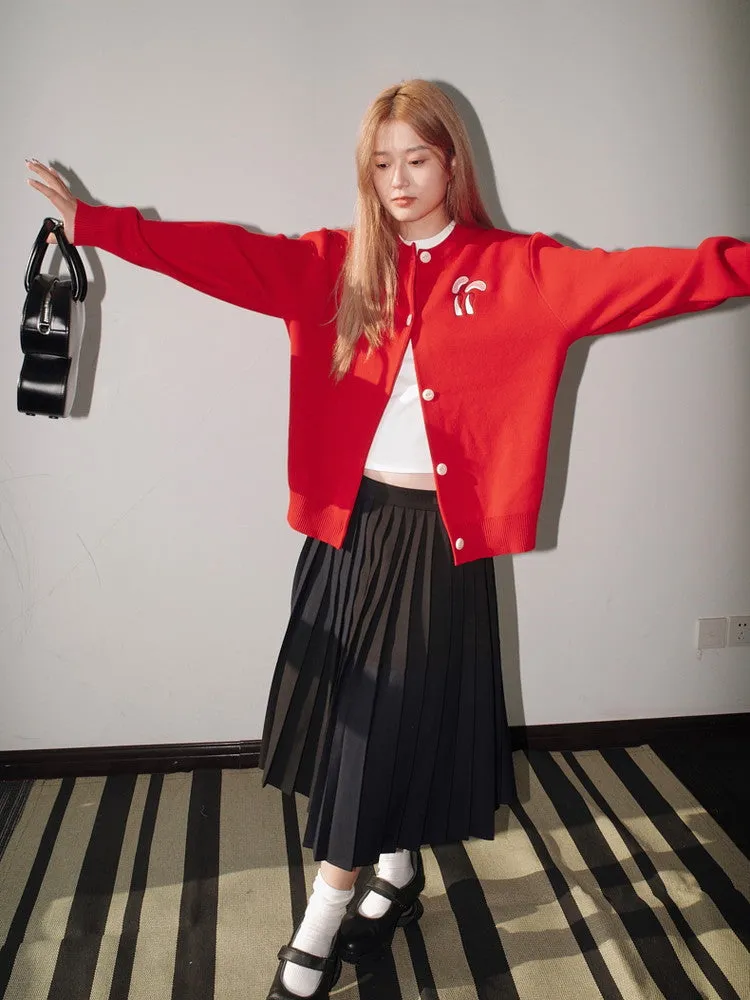 Crew-Neck Simple Patch Plain Cardigan