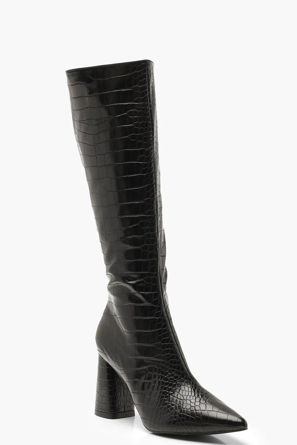 Croc Knee High Block Heel Boots