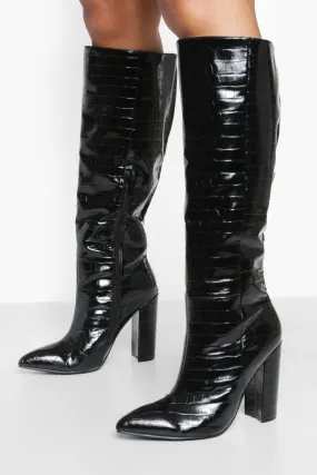 Croc Knee High Heeled Boots