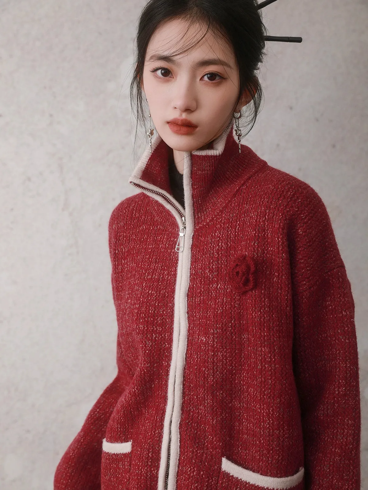 Crocheted Zipper Knitted Cardigan