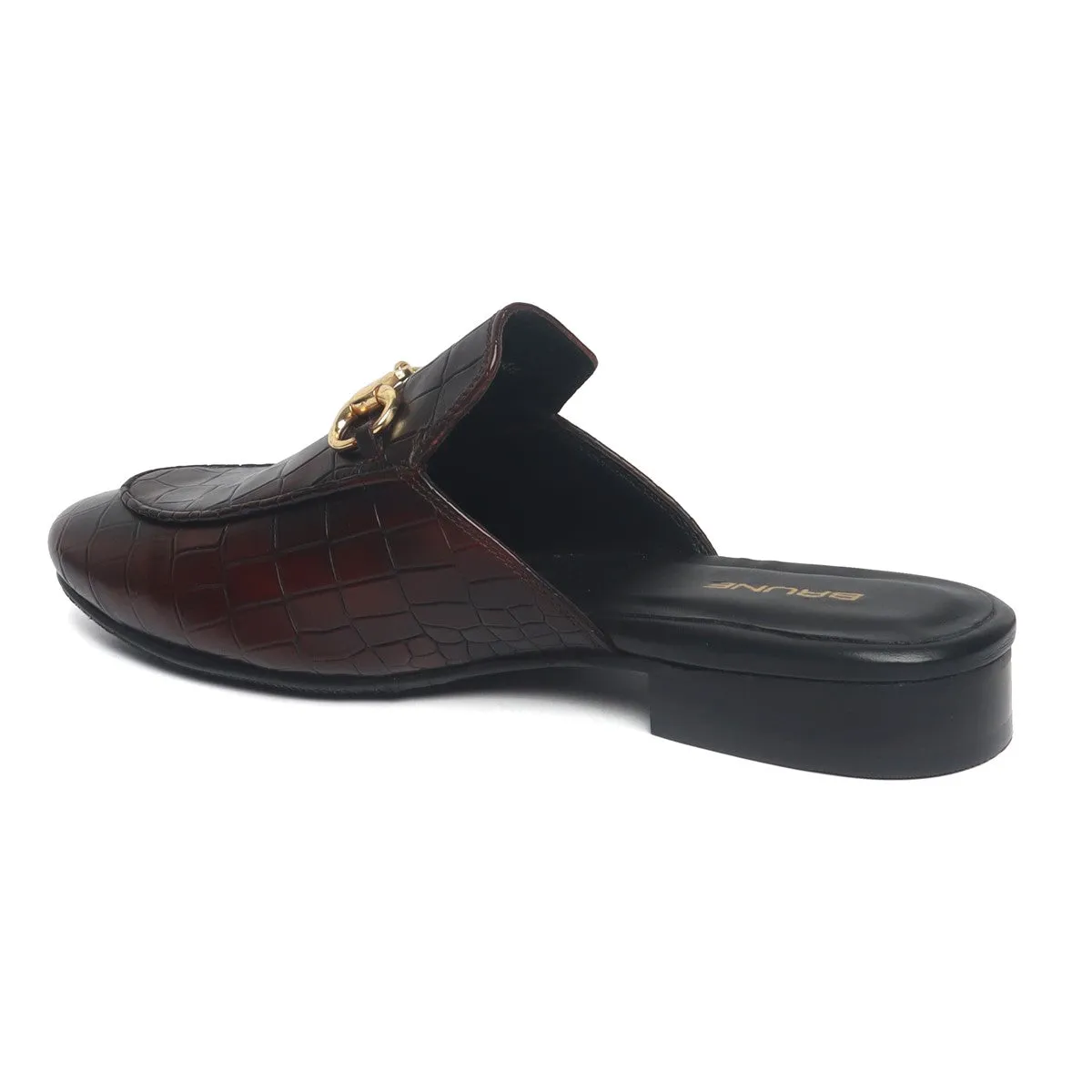 Dark Brown Leather Mules in Deep Cut Leather With Horse-bit Detailing