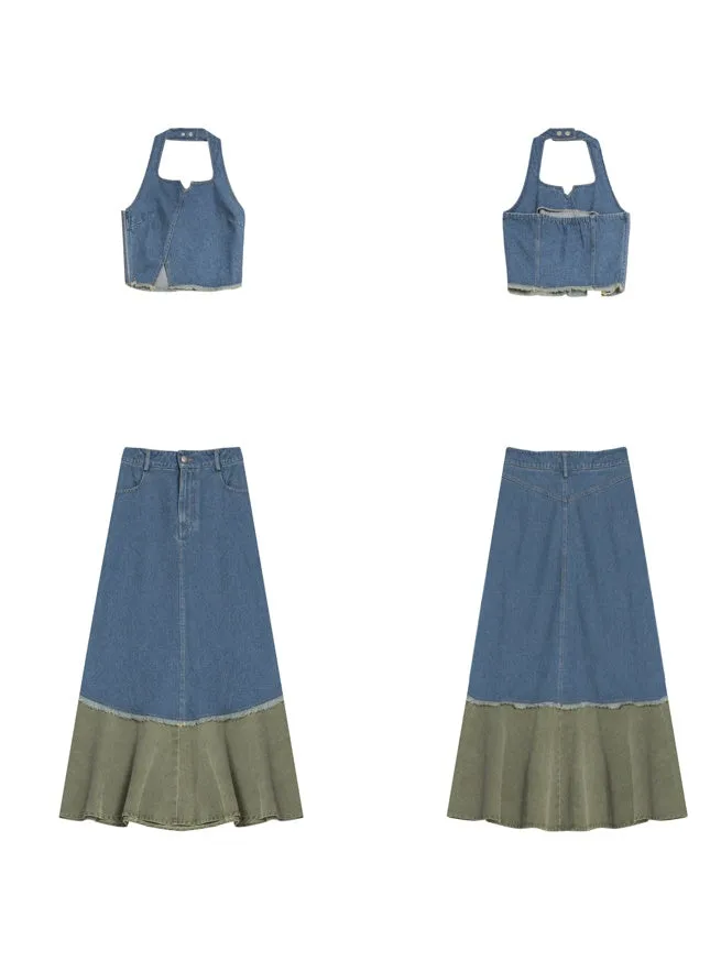 Denim Halter Neck Vest & Fishtail Skirt Set-up